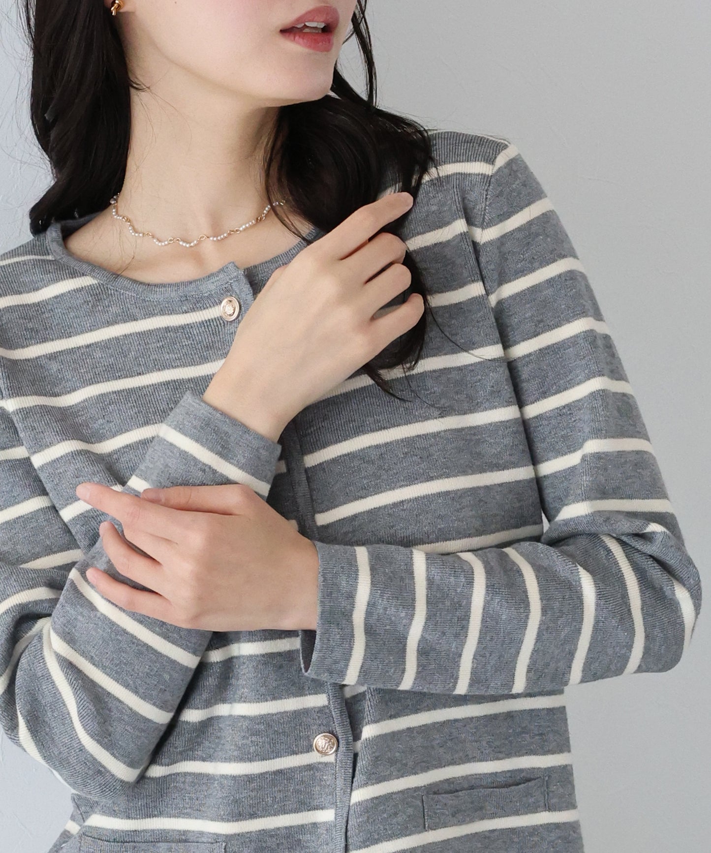 【SALE】金ボタンボーダーカーディガン