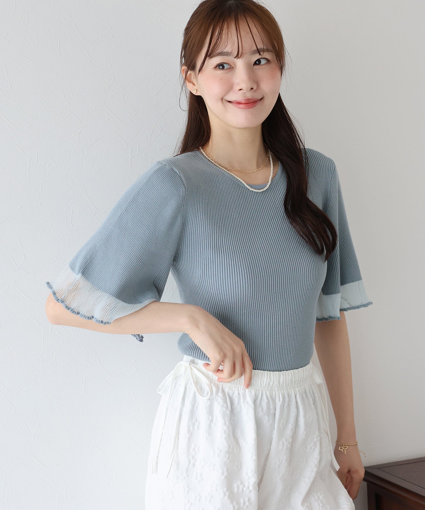 【TIME SALE】半袖先シアーリブニット