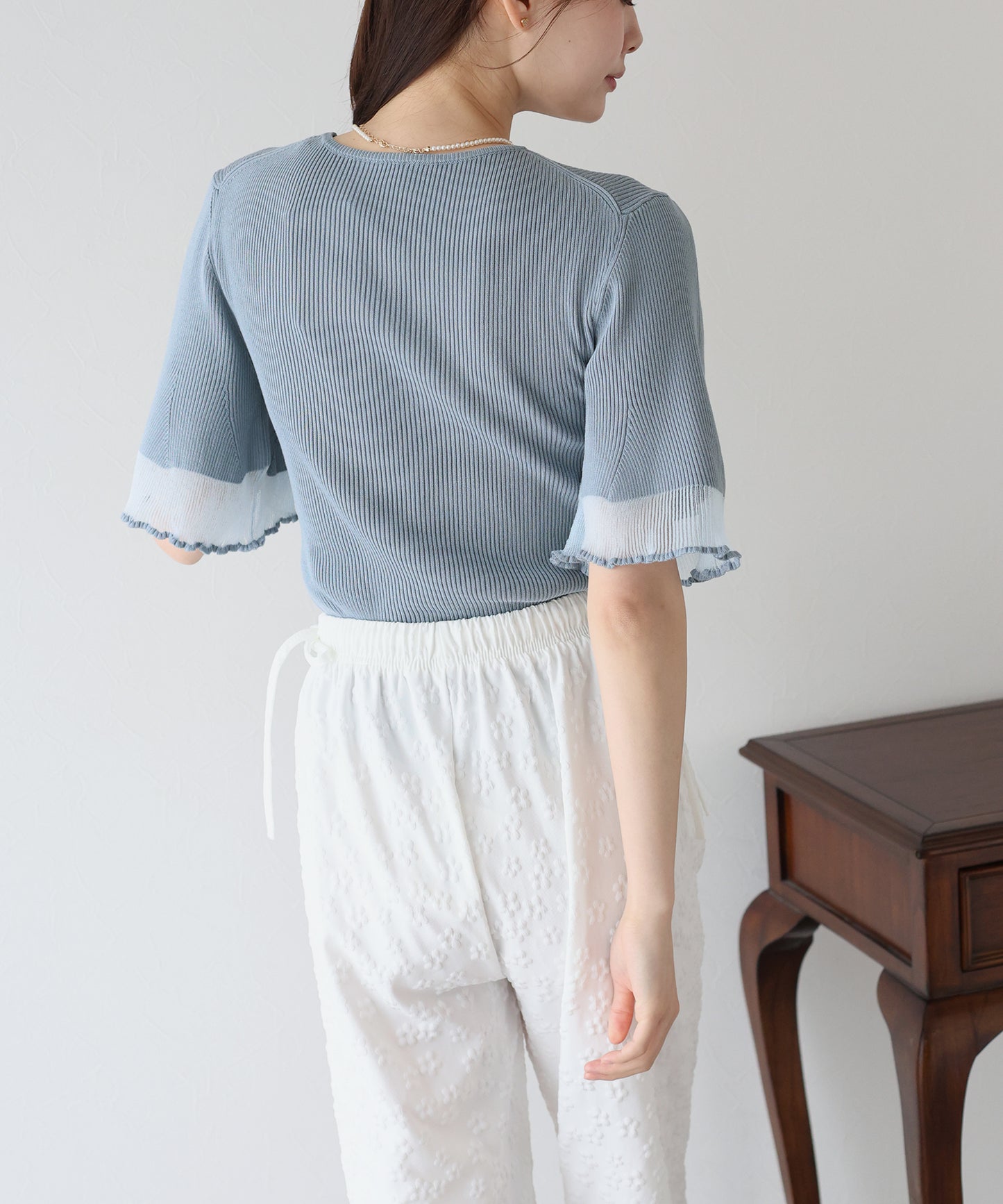 【TIME SALE】半袖先シアーリブニット
