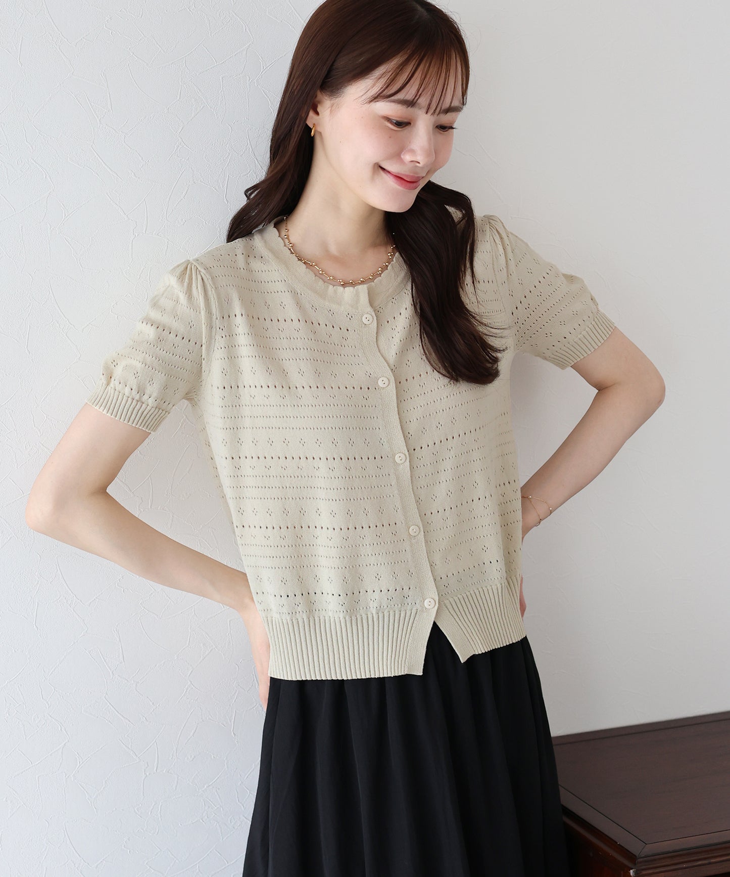 【SALE】透かし編み半袖ニットカーディガン【ネコポス】