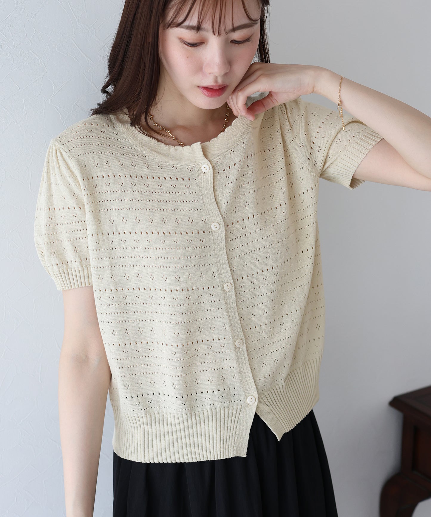 【SALE】透かし編み半袖ニットカーディガン【ネコポス】