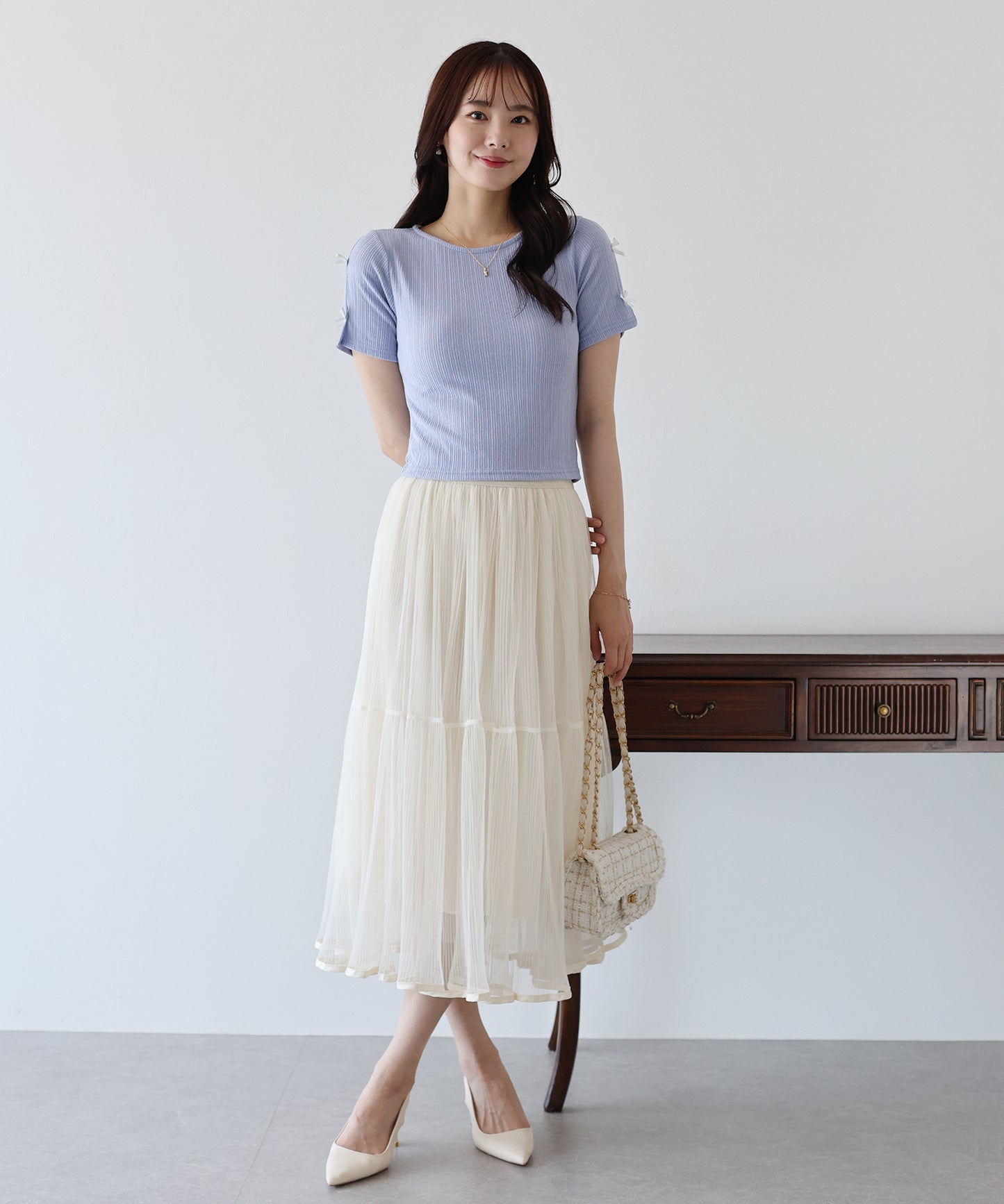 【SALE】袖リボンクロップドリブトップス【ネコポス】