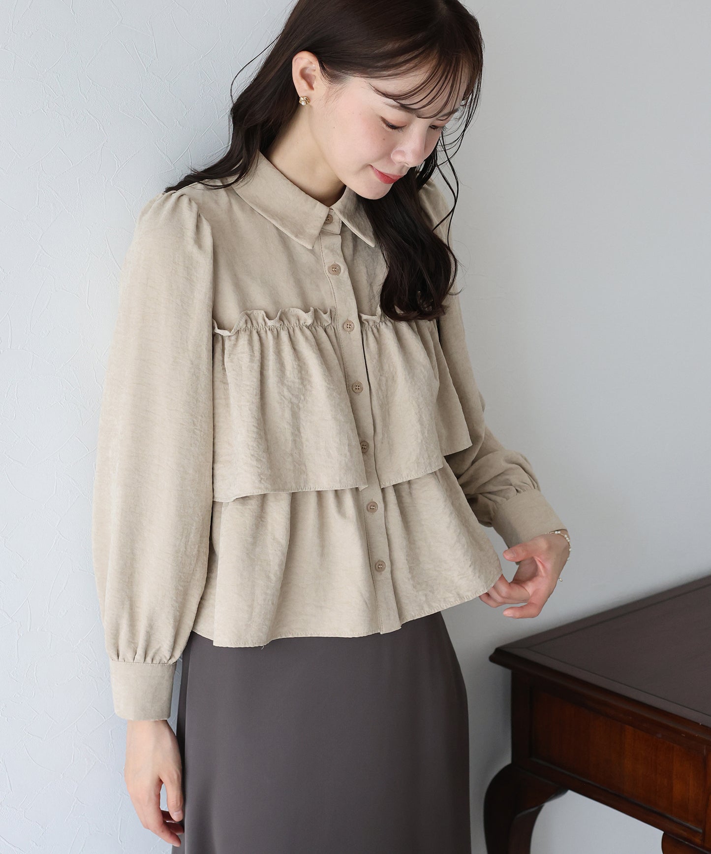 【早割5%OFF】フリルティアードピーチブラウス