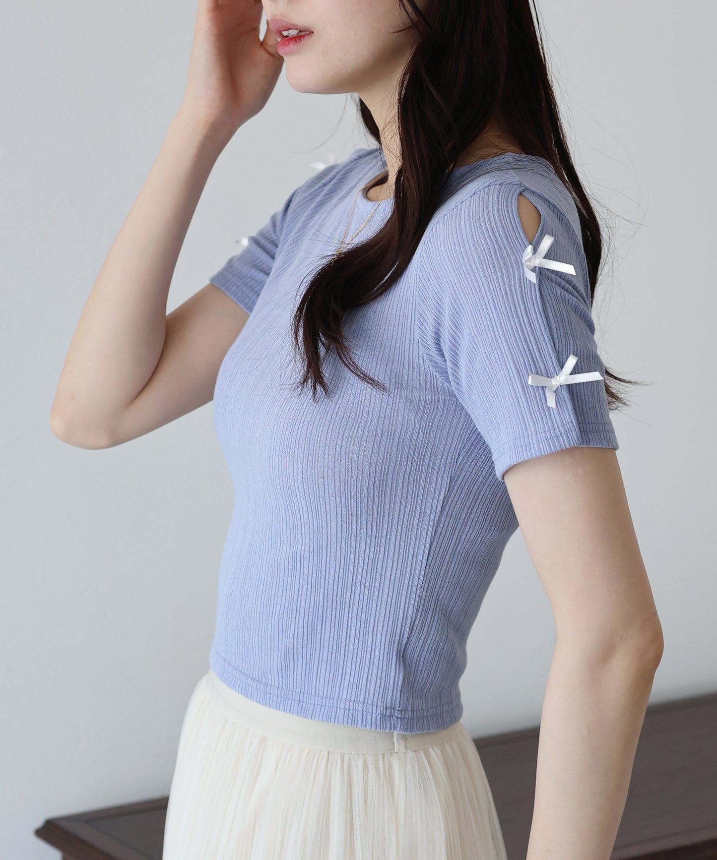 【SALE】袖リボンクロップドリブトップス【ネコポス】