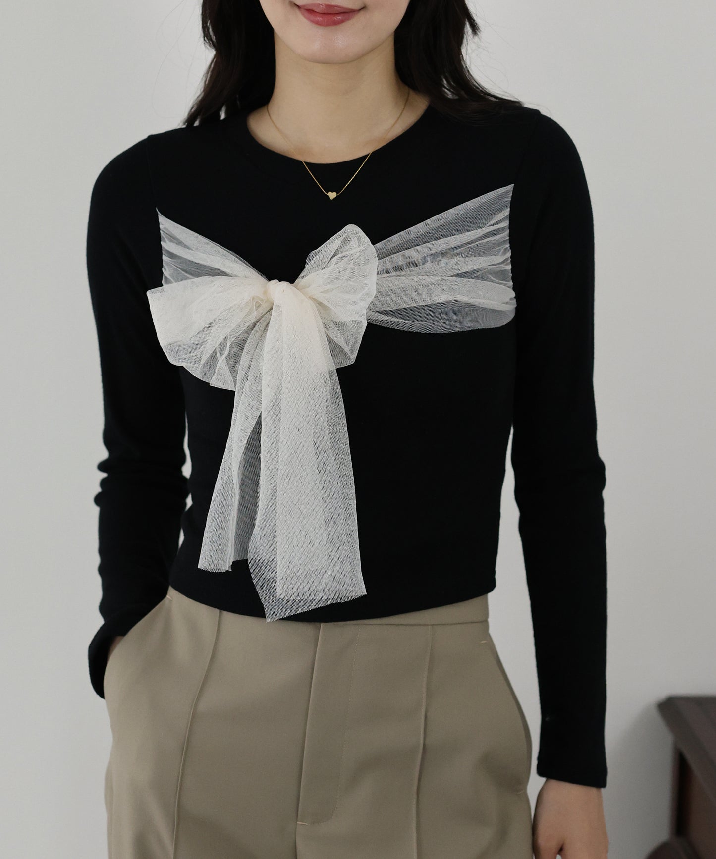 【SALE】チュールビッグリボン長袖Tシャツ