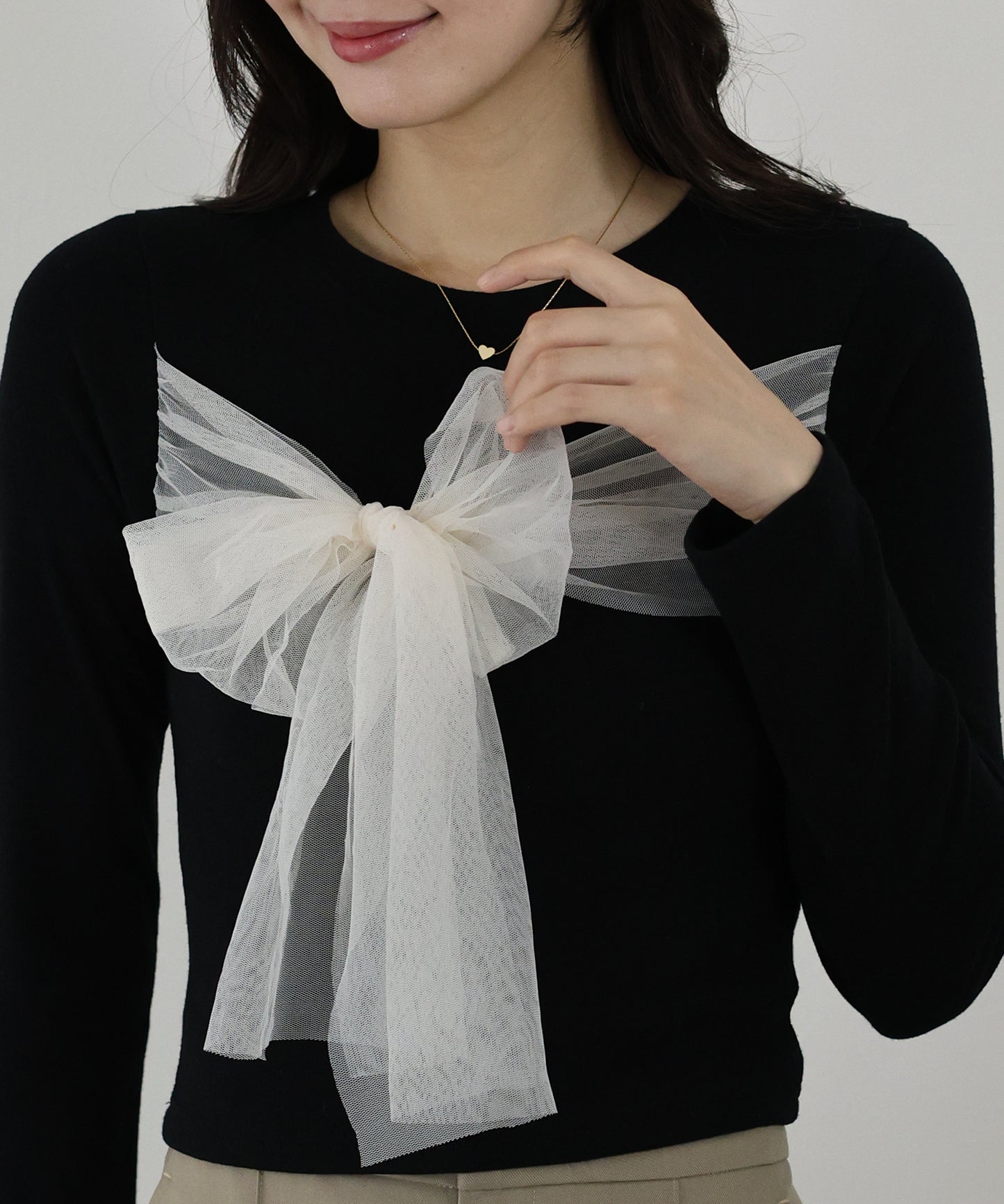 【SALE】チュールビッグリボン長袖Tシャツ
