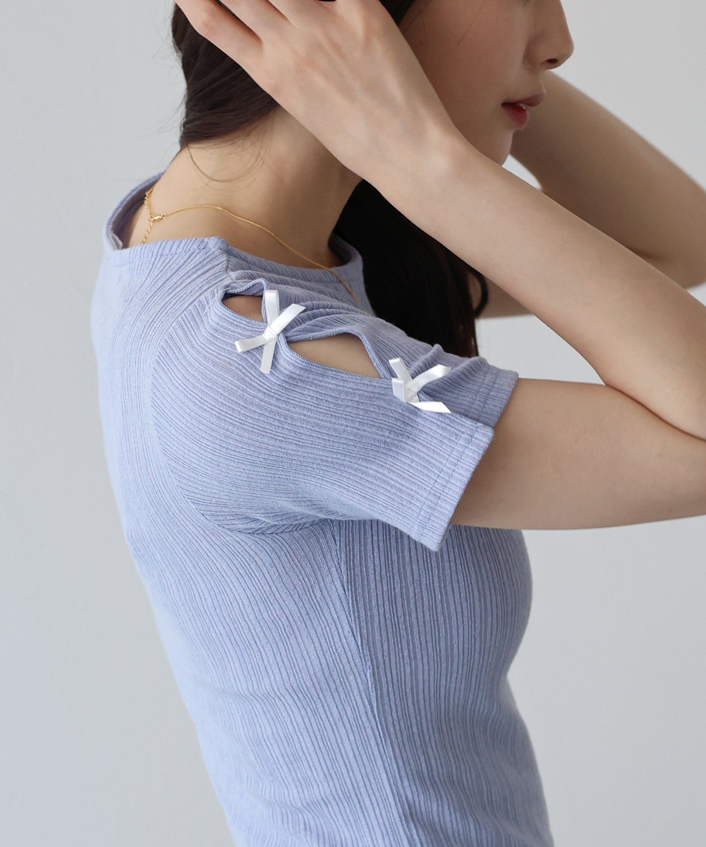 【SALE】袖リボンクロップドリブトップス【ネコポス】