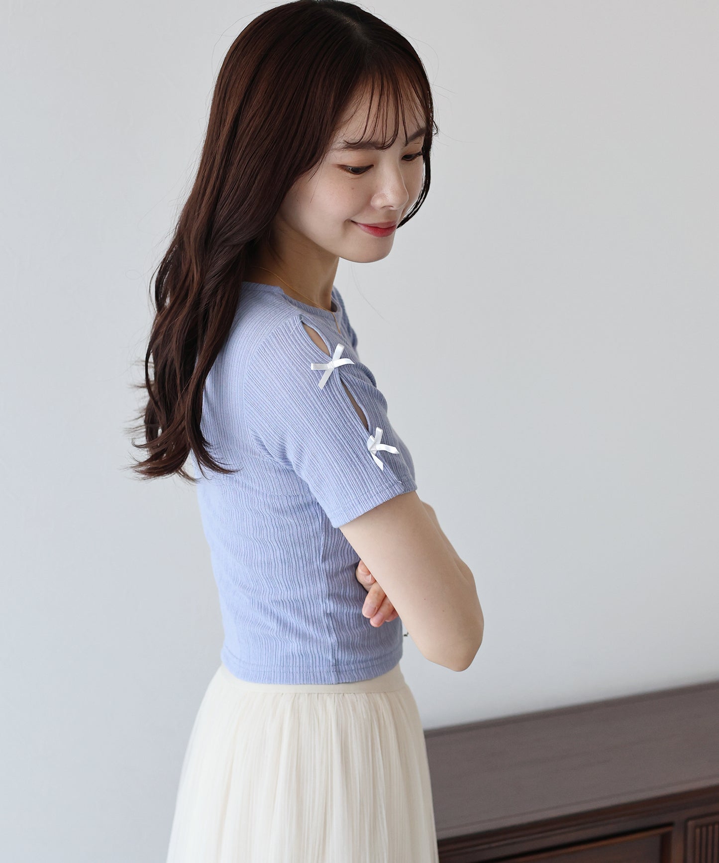 【SALE】袖リボンクロップドリブトップス【ネコポス】