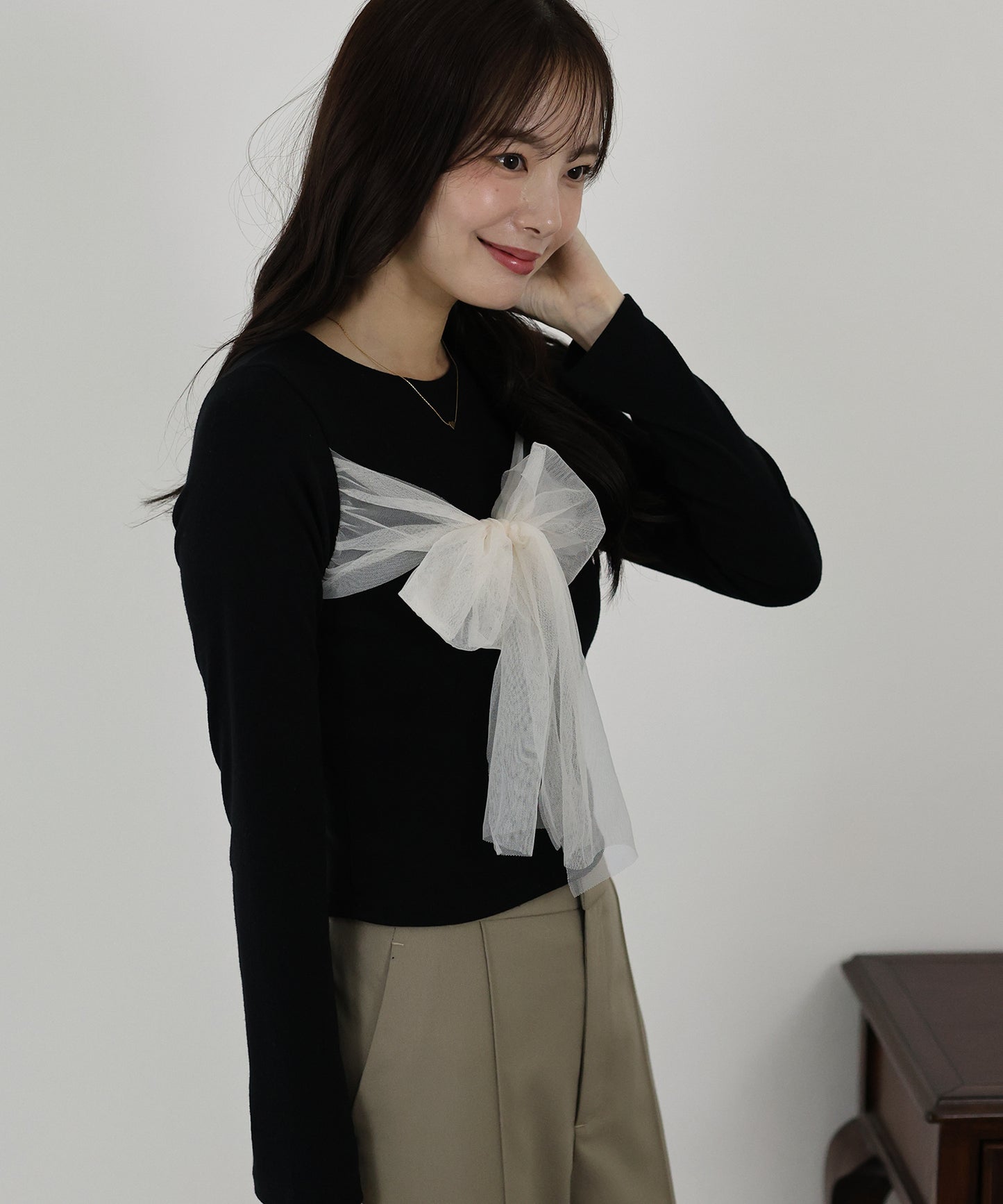 【SALE】チュールビッグリボン長袖Tシャツ
