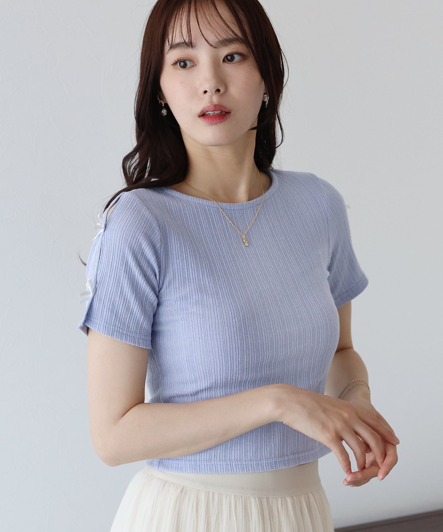 【SALE】袖リボンクロップドリブトップス【ネコポス】