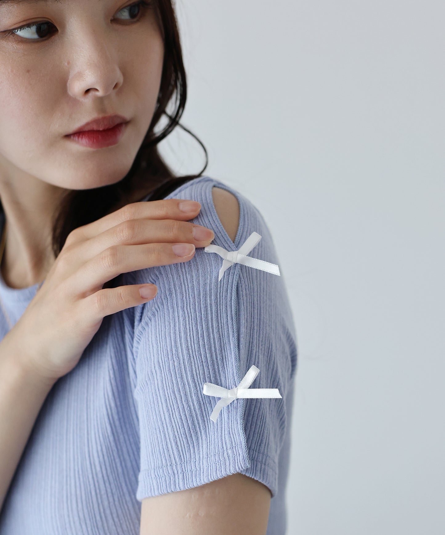 【SALE】袖リボンクロップドリブトップス【ネコポス】