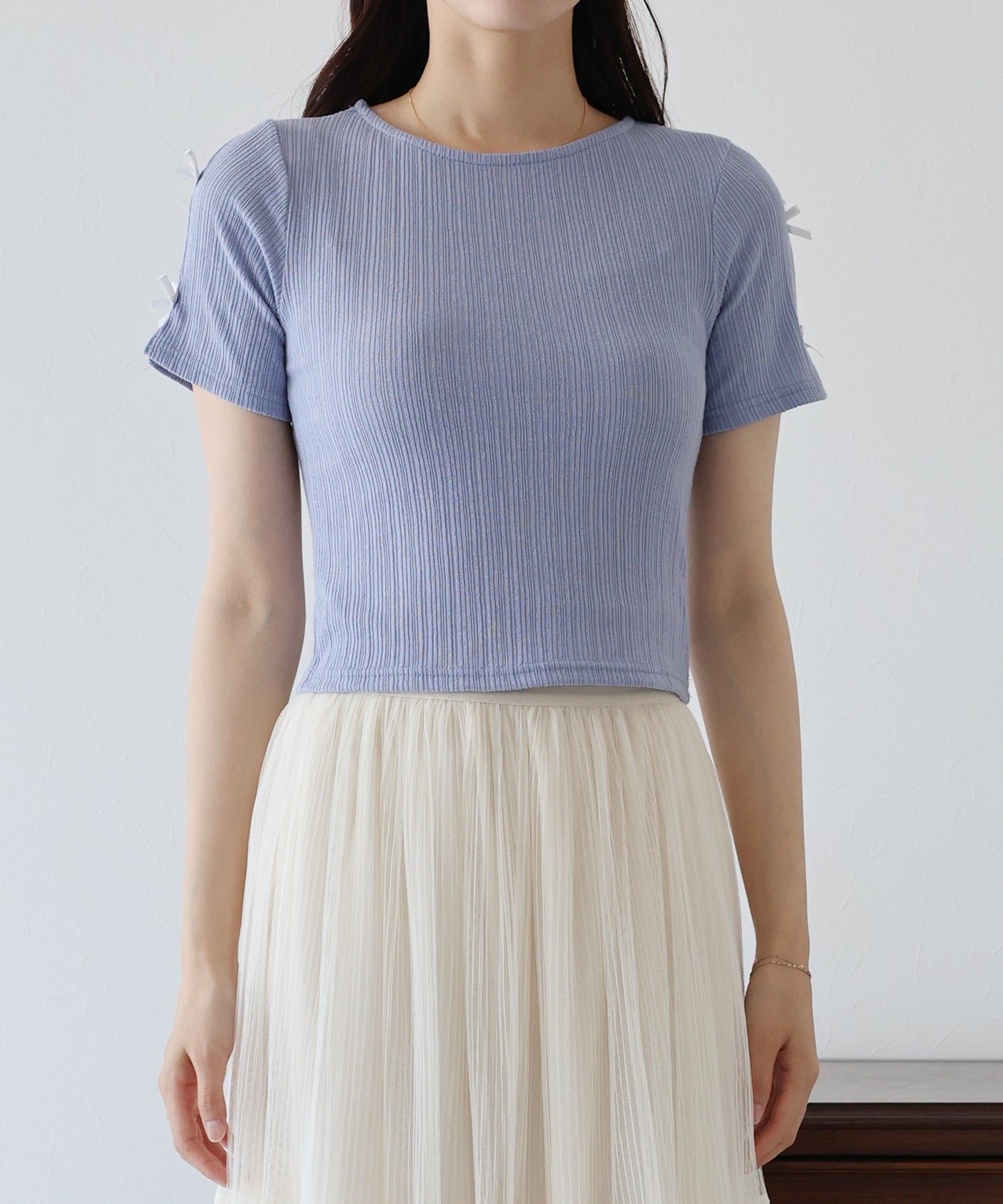 【SALE】袖リボンクロップドリブトップス【ネコポス】