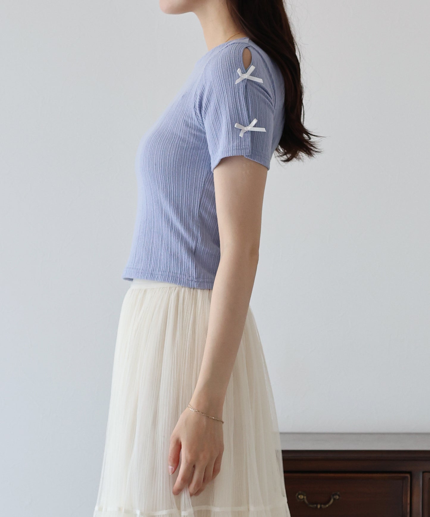 【SALE】袖リボンクロップドリブトップス【ネコポス】