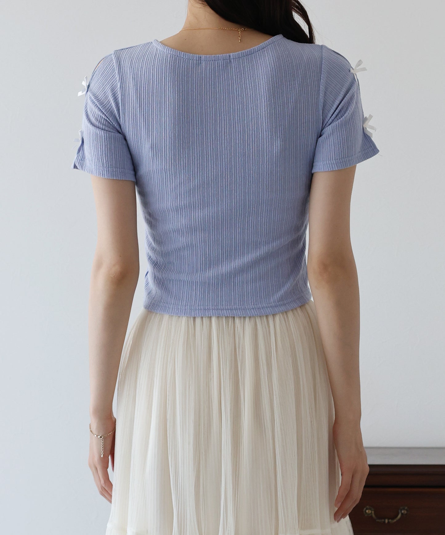 【SALE】袖リボンクロップドリブトップス【ネコポス】