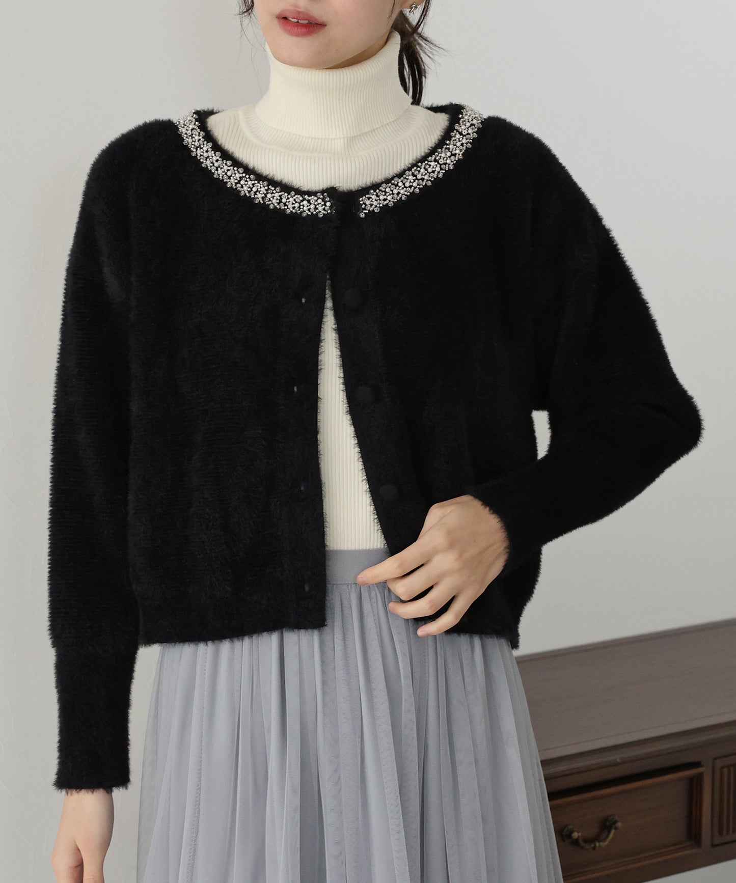 【SALE】ビジュー襟ニットカーディガン