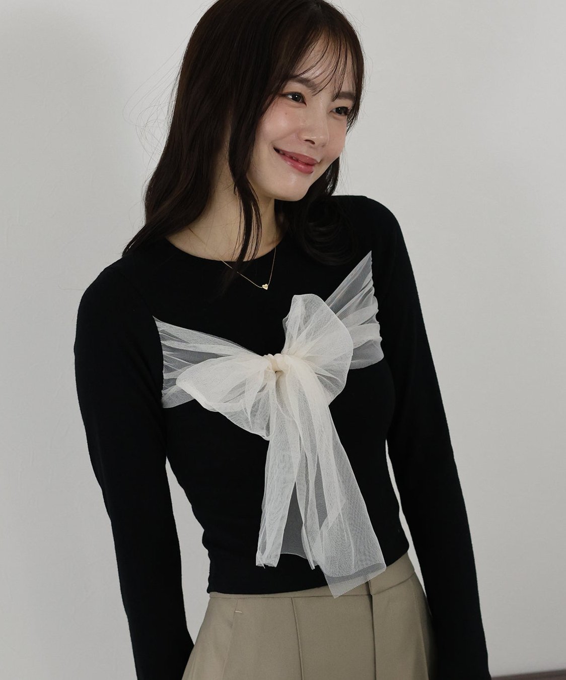 【SALE】チュールビッグリボン長袖Tシャツ