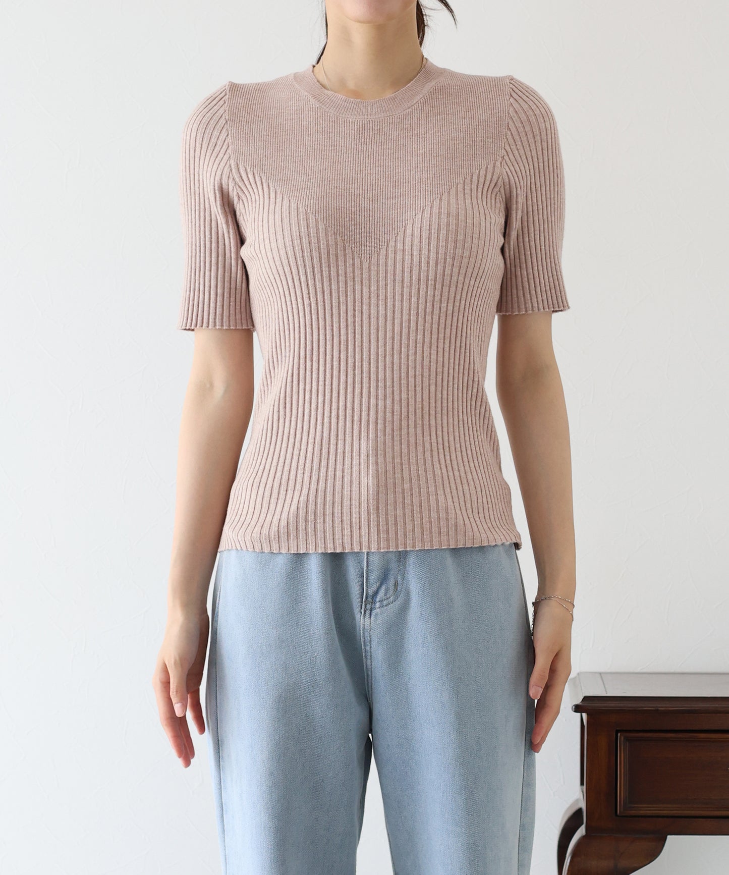 【TIME SALE】切替デザイン半袖リブニット【ネコポス】