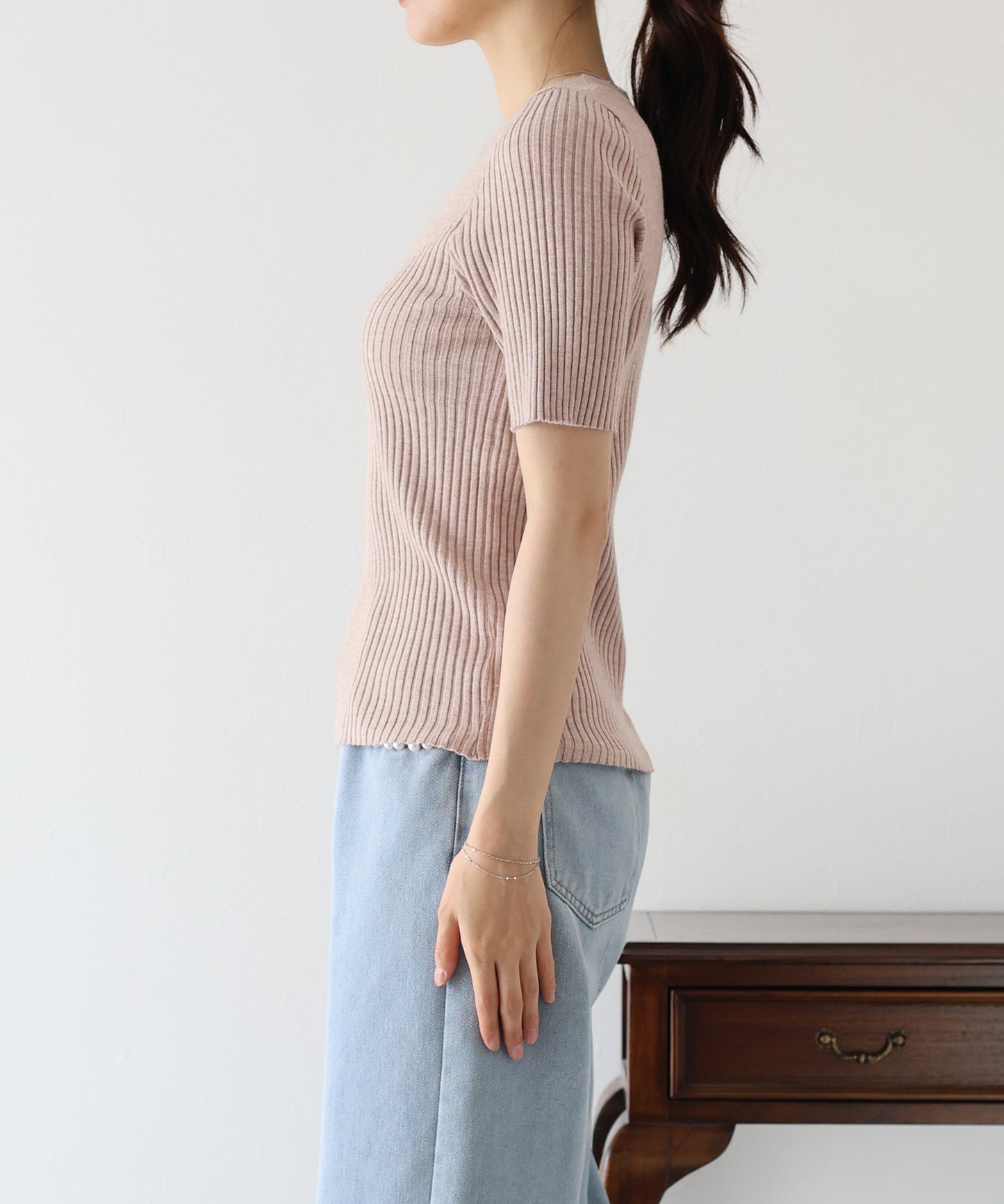 【TIME SALE】切替デザイン半袖リブニット【ネコポス】