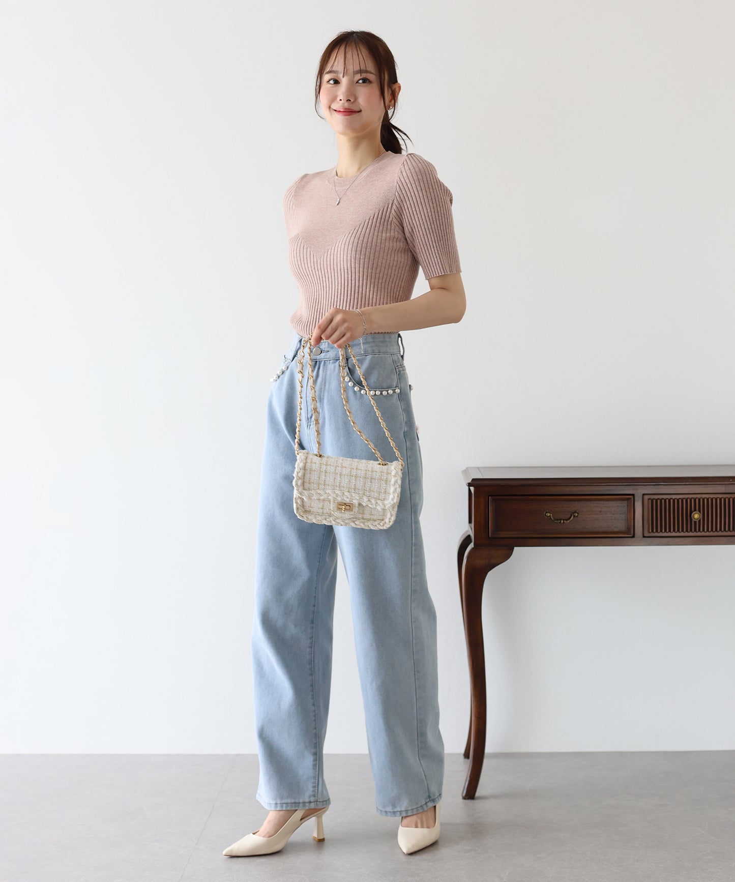 【TIME SALE】切替デザイン半袖リブニット【ネコポス】