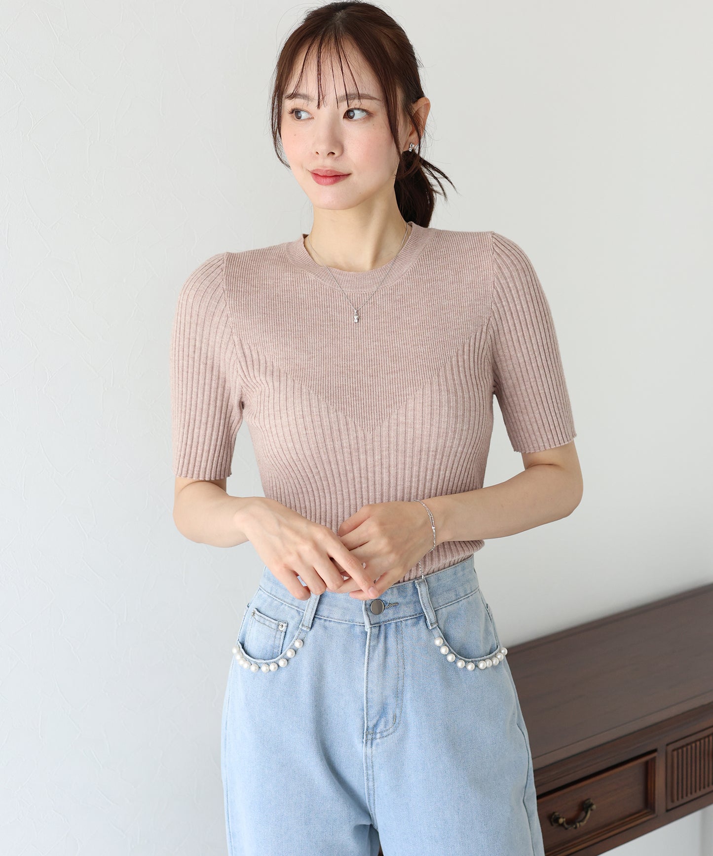 【TIME SALE】切替デザイン半袖リブニット【ネコポス】