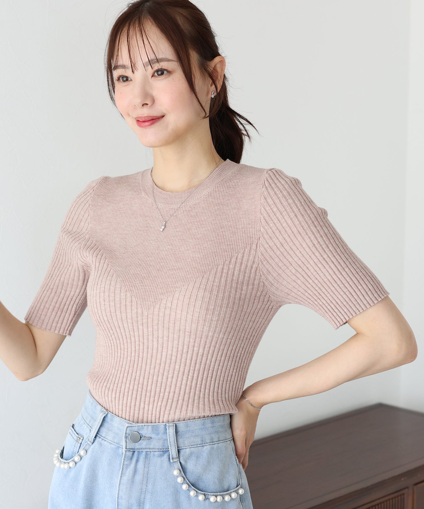 【TIME SALE】切替デザイン半袖リブニット【ネコポス】