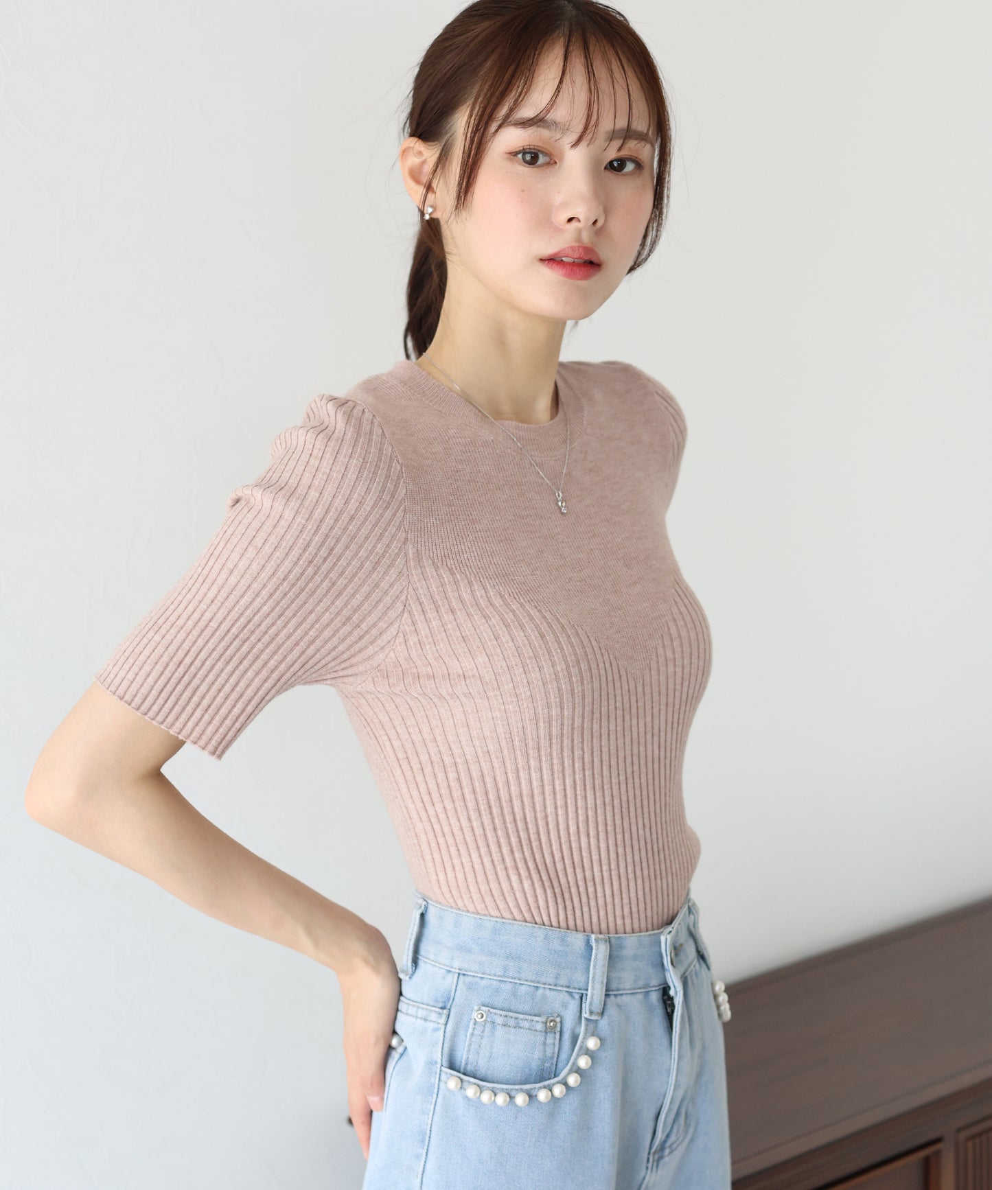 【TIME SALE】切替デザイン半袖リブニット【ネコポス】