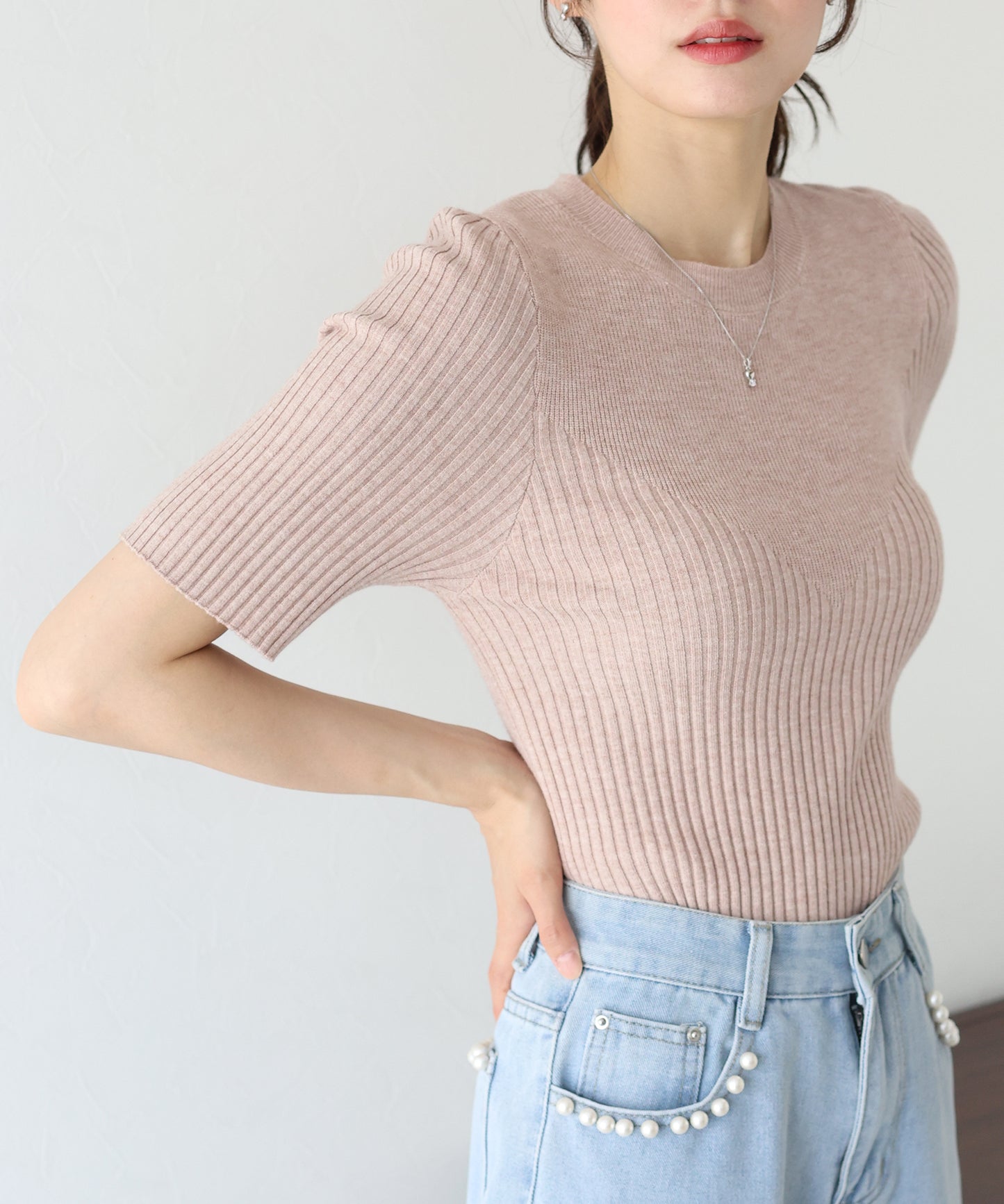 【TIME SALE】切替デザイン半袖リブニット【ネコポス】