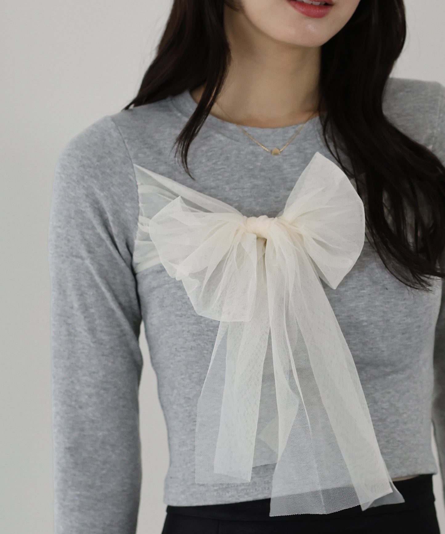 【SALE】チュールビッグリボン長袖Tシャツ