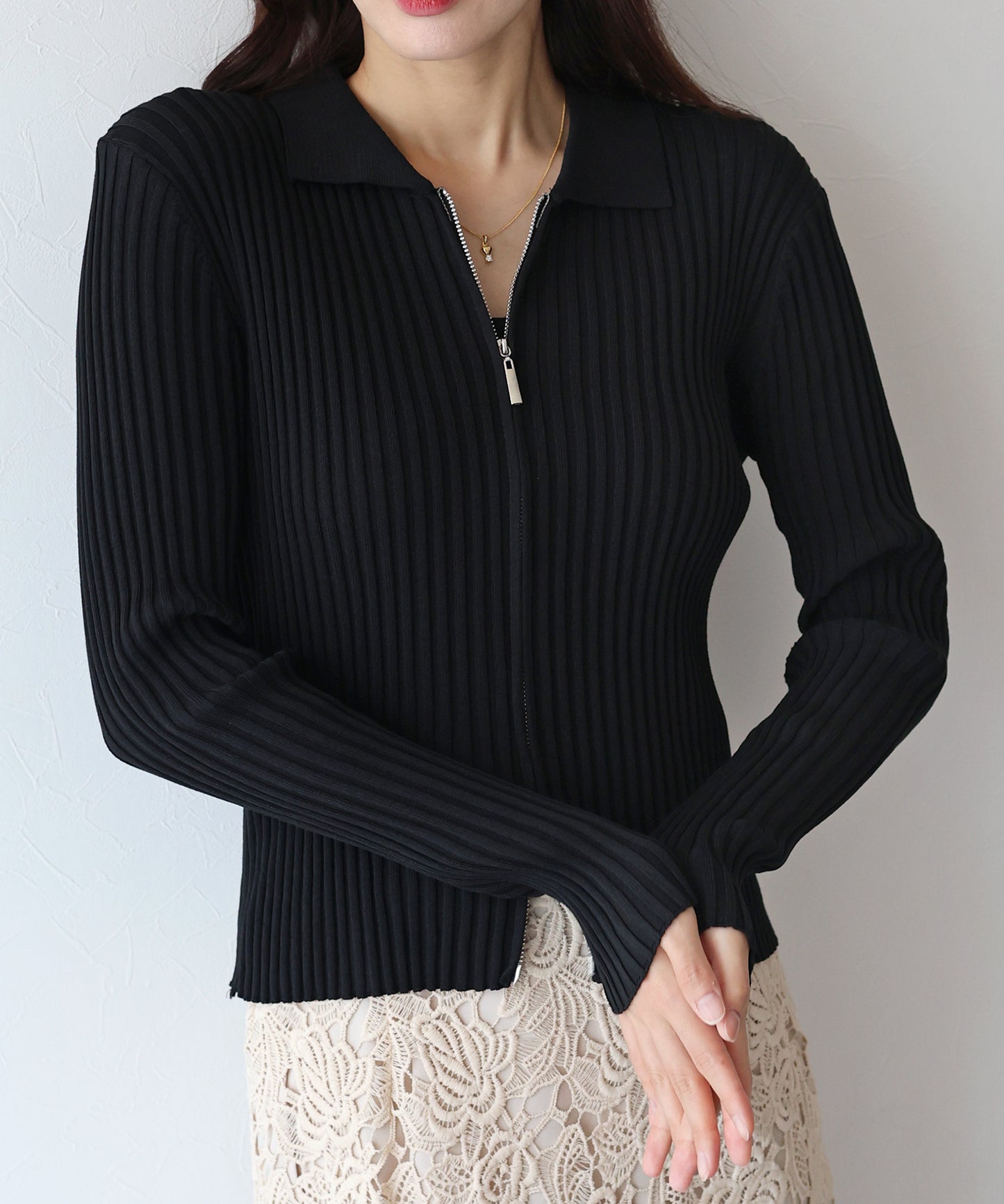 【SALE】バイカラーポロ襟Wジップカーディガン