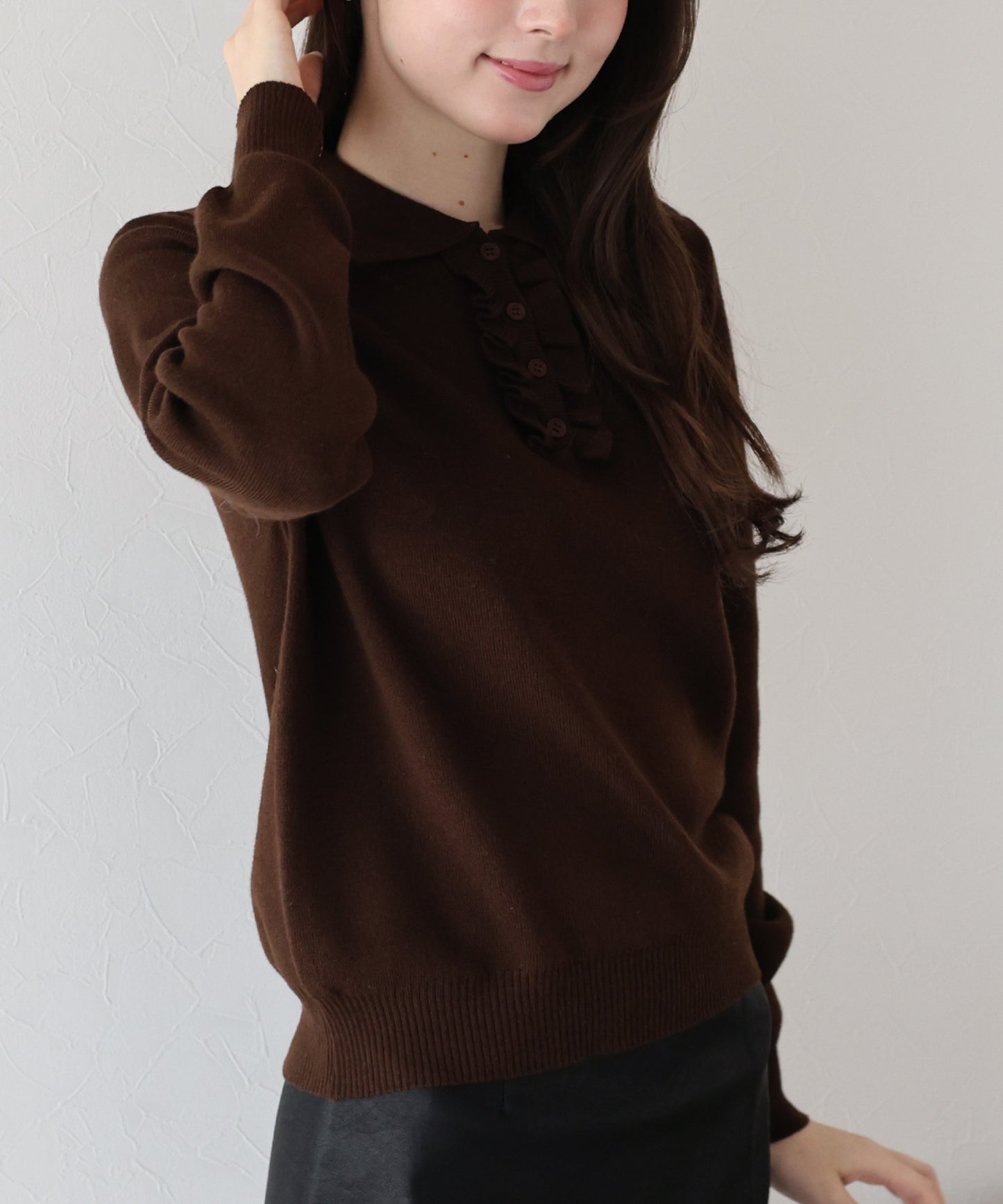 【早割5%OFF】ウール混フロントフリルポロニット