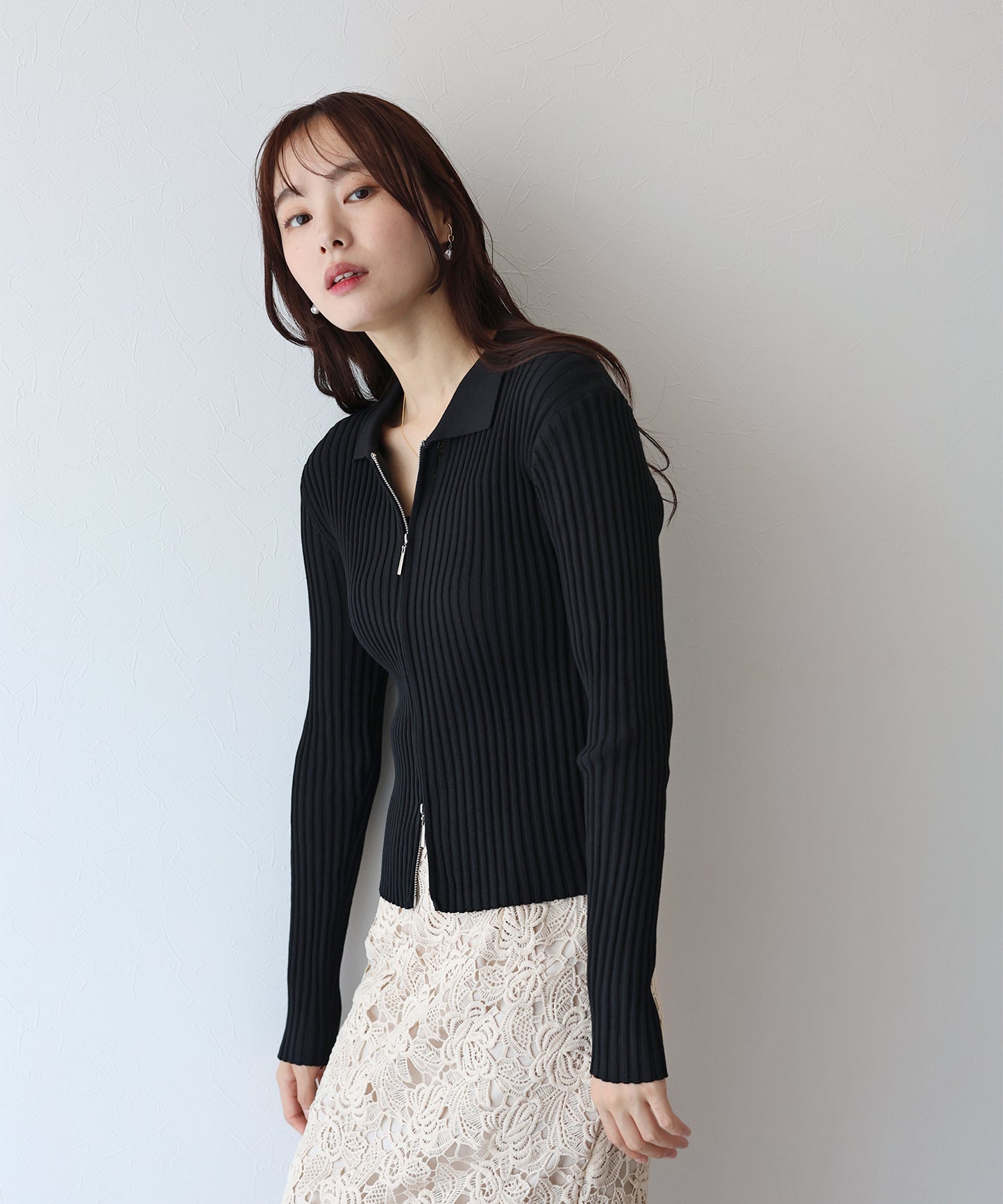 【SALE】バイカラーポロ襟Wジップカーディガン