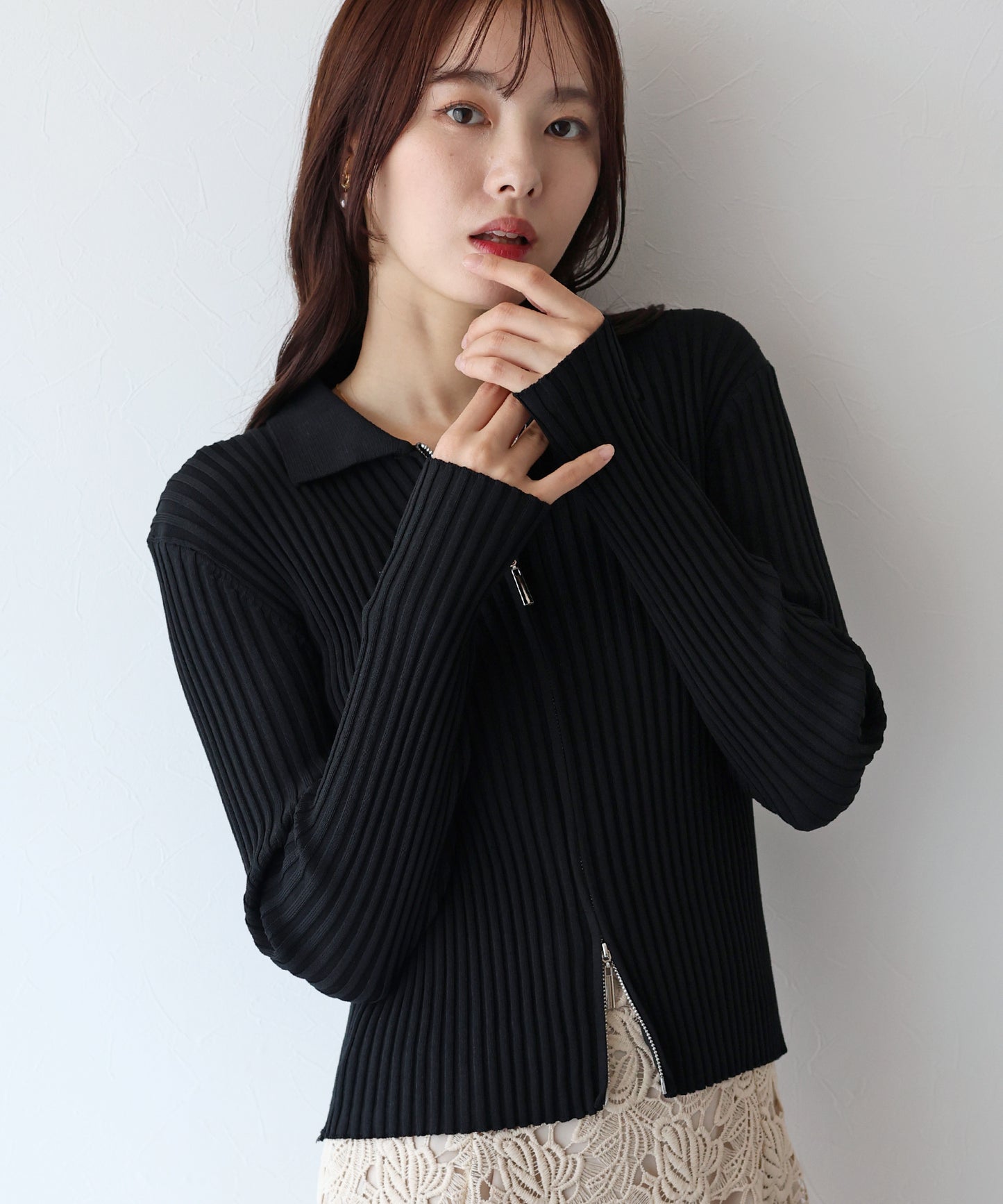 【SALE】バイカラーポロ襟Wジップカーディガン