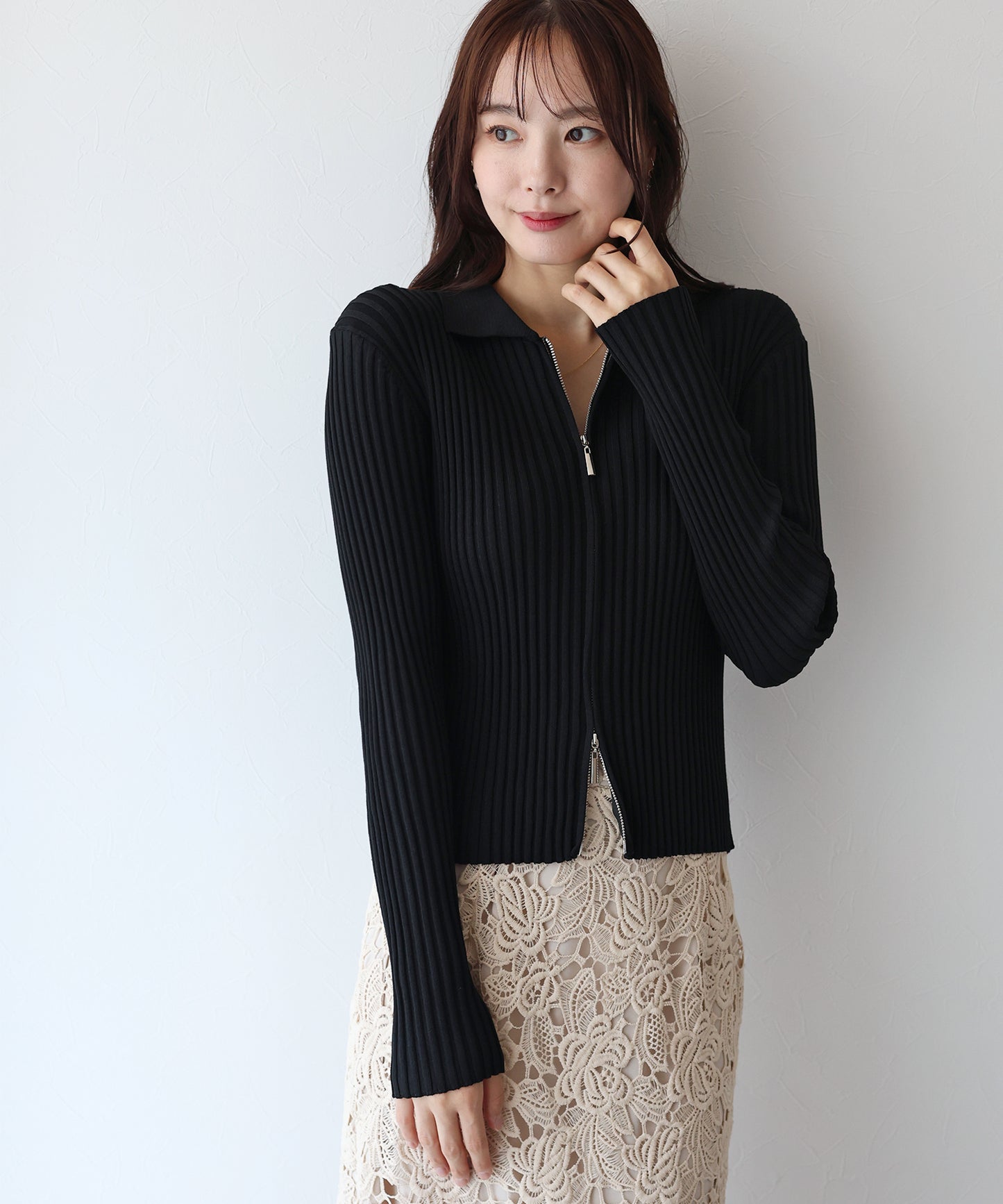 【SALE】バイカラーポロ襟Wジップカーディガン