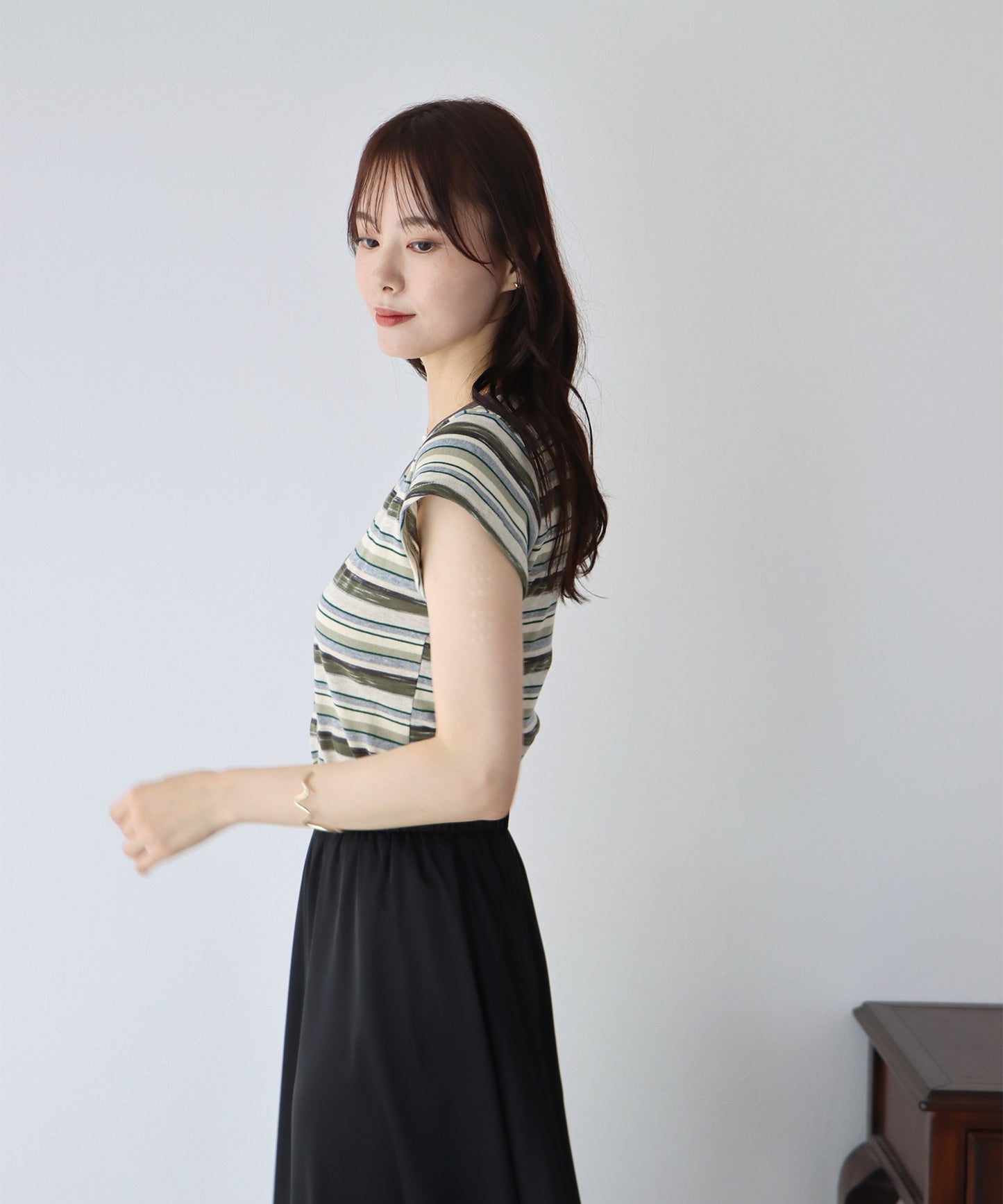 멀티 보더 배색 T셔츠【고양이 포스】