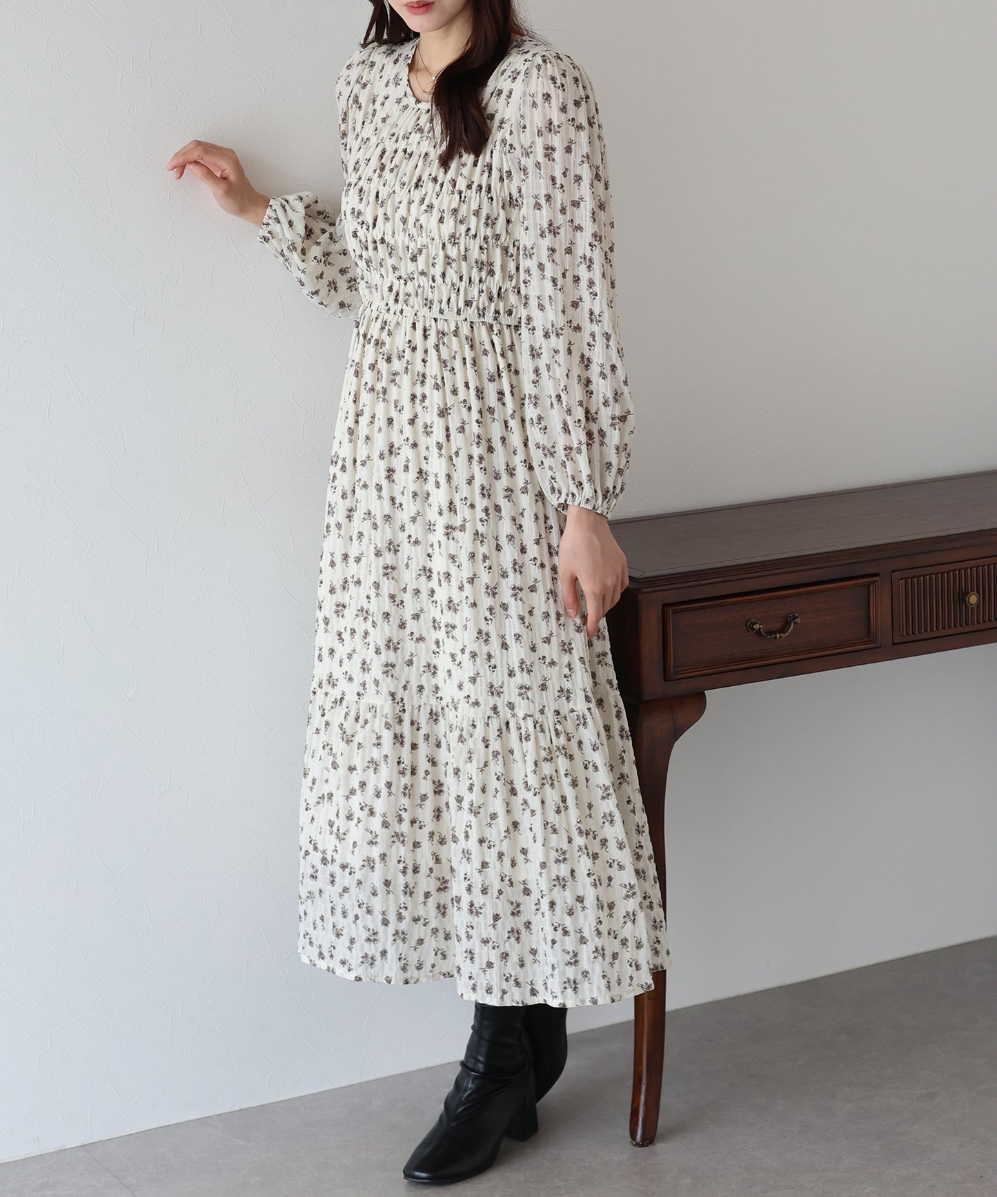 【早割5%OFF】花柄シャーリングワンピース