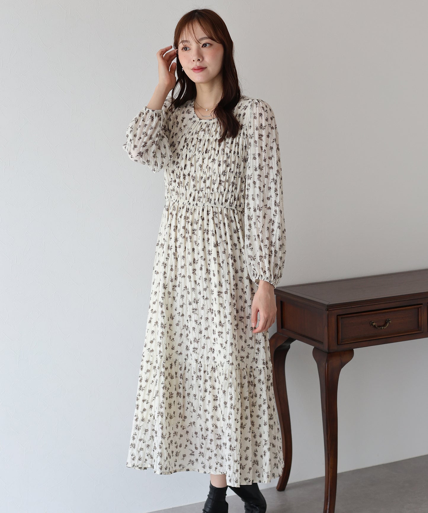 【早割5%OFF】花柄シャーリングワンピース