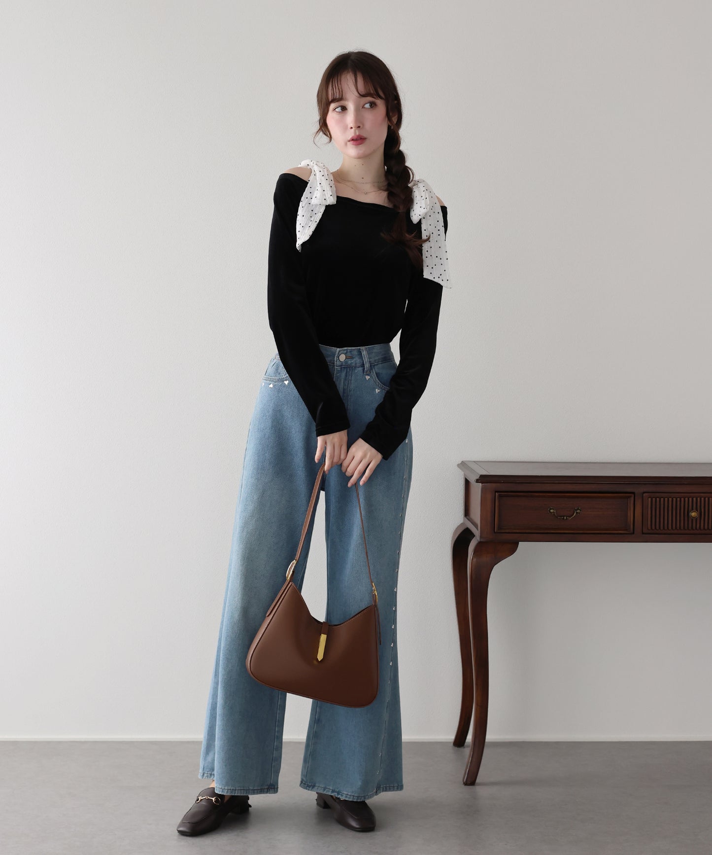 【早割5%OFF】ショルダードットリボンベロアトップス