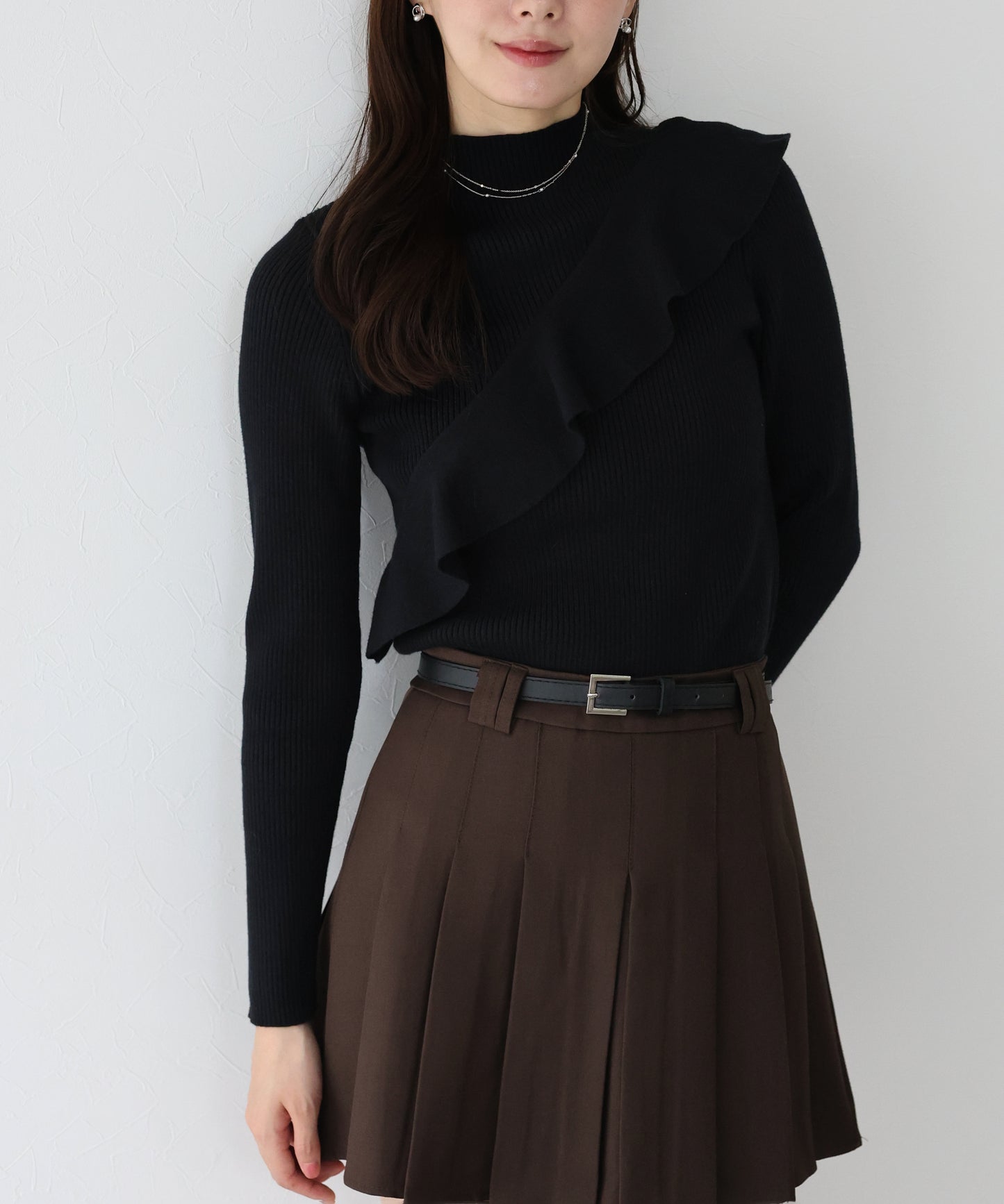 【早割5%OFF】アシメフリルリブニット