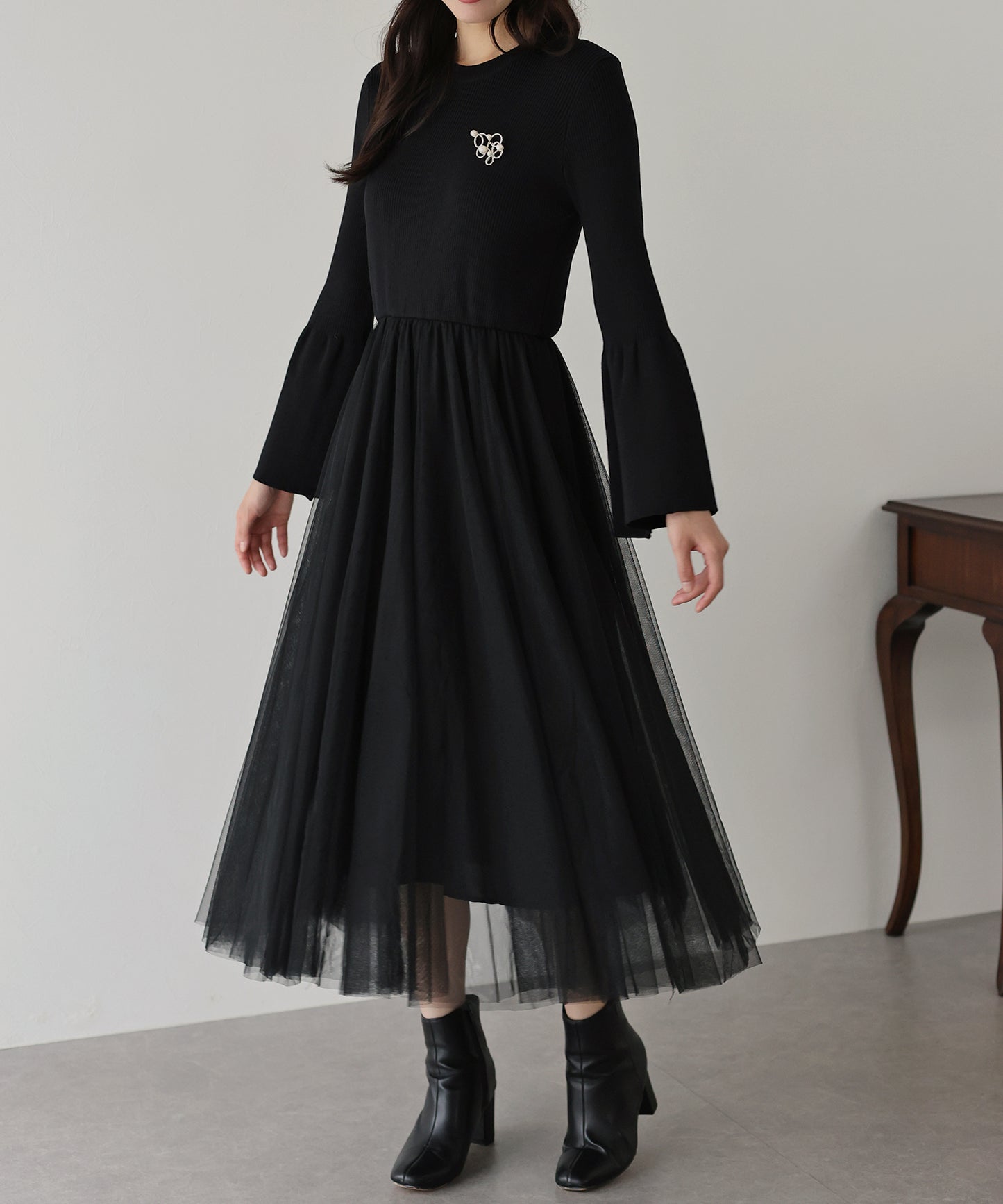 【SALE】チュールニットドッキングワンピース