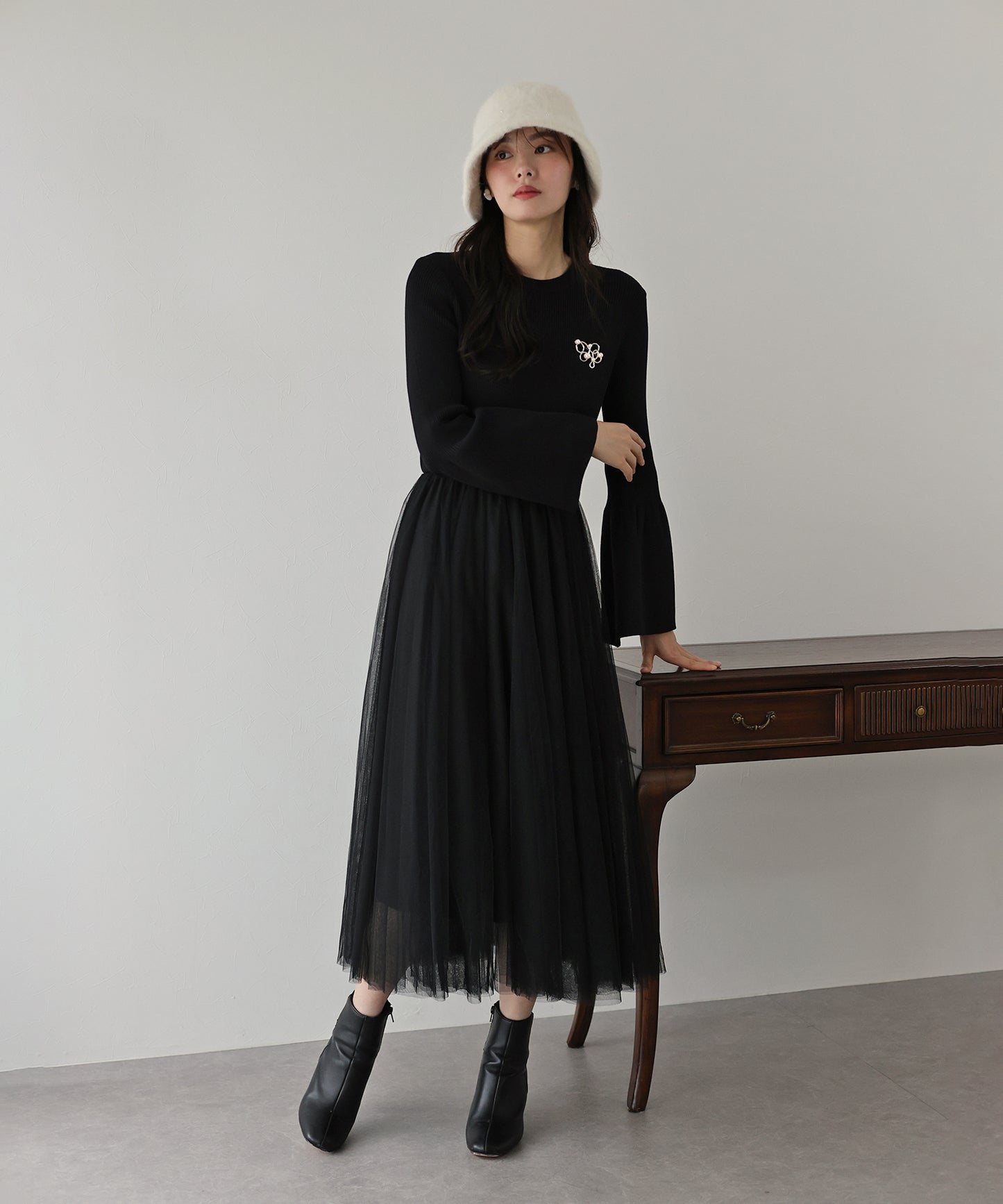 【SALE】チュールニットドッキングワンピース