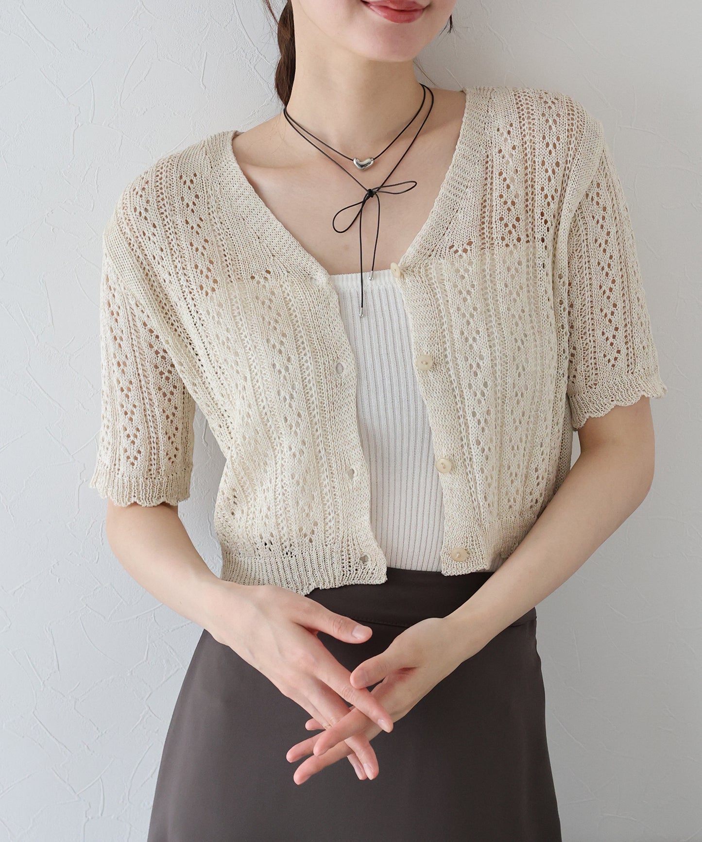 【TIME SALE】透かし編みVネック半袖カーディガン