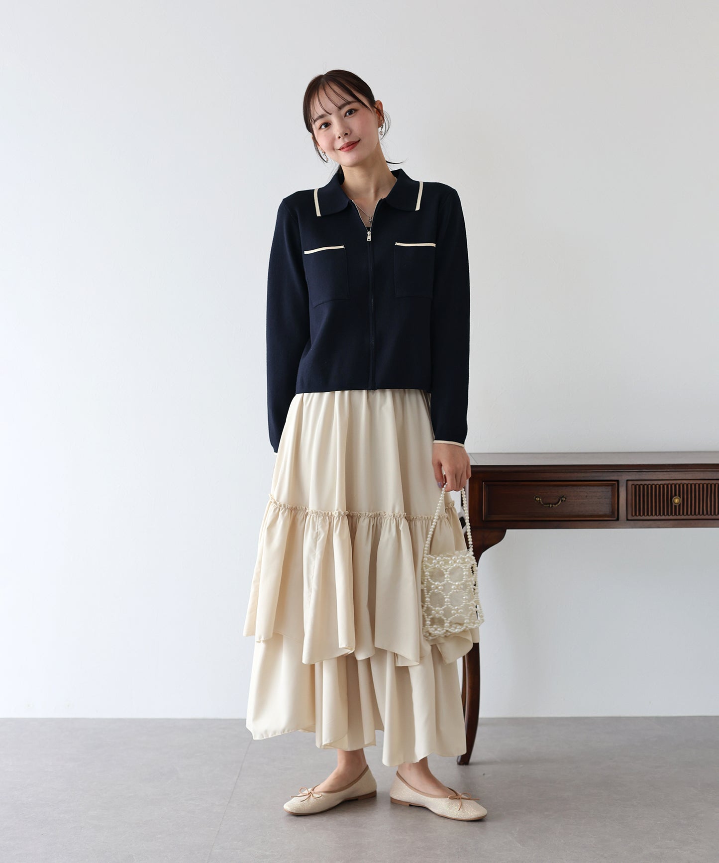 ジップポロ襟ニットカーディガン