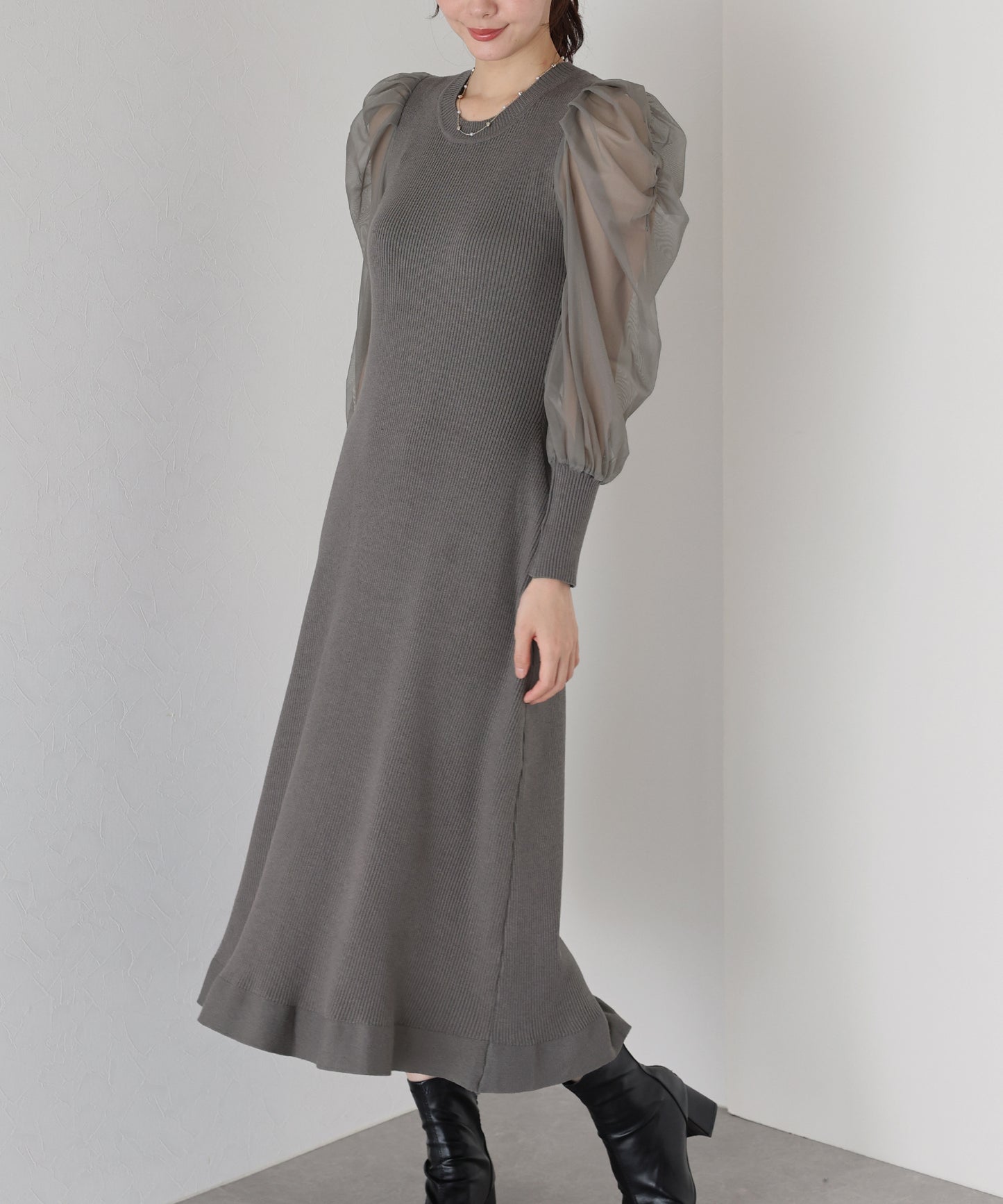 【早割5%OFF】チュール袖マーメイドニットワンピース