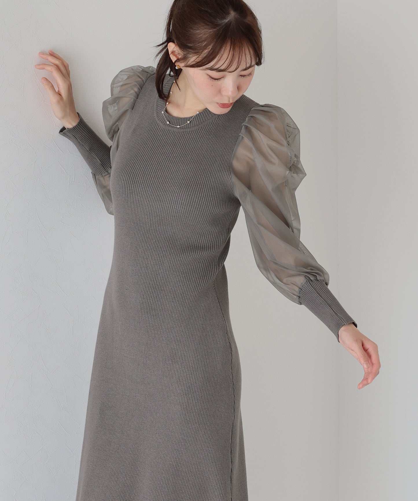 【早割5%OFF】チュール袖マーメイドニットワンピース