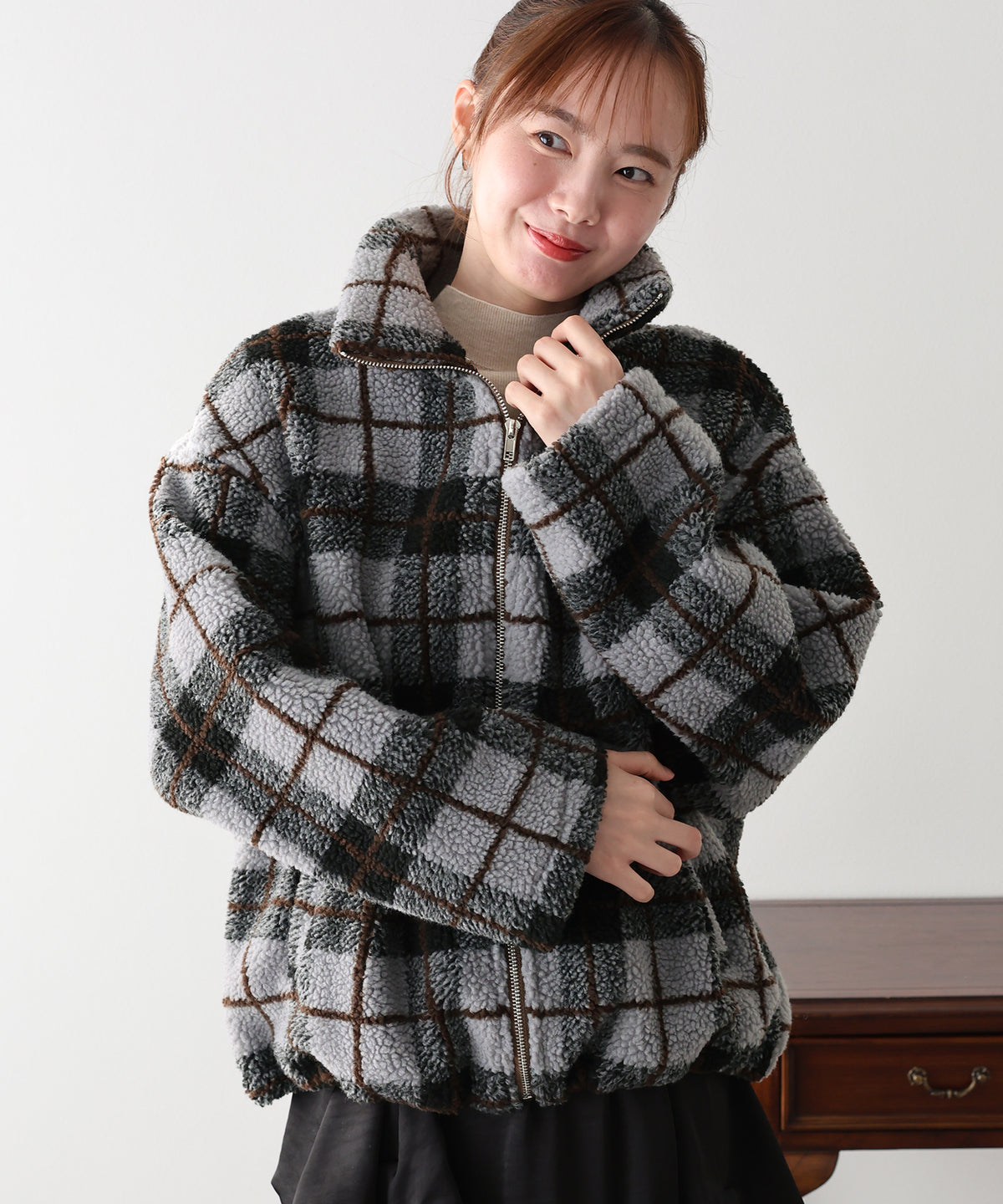 【早割5%OFF】チェック&フラワーボアブルゾン