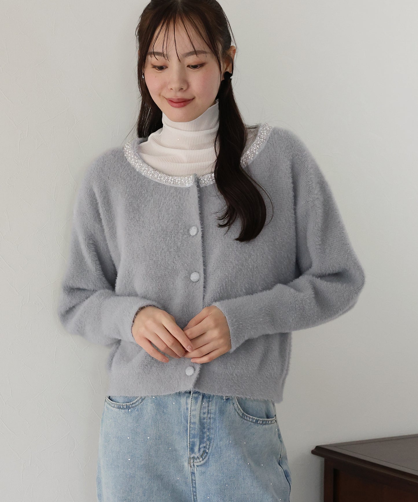 【SALE】ビジュー襟ニットカーディガン