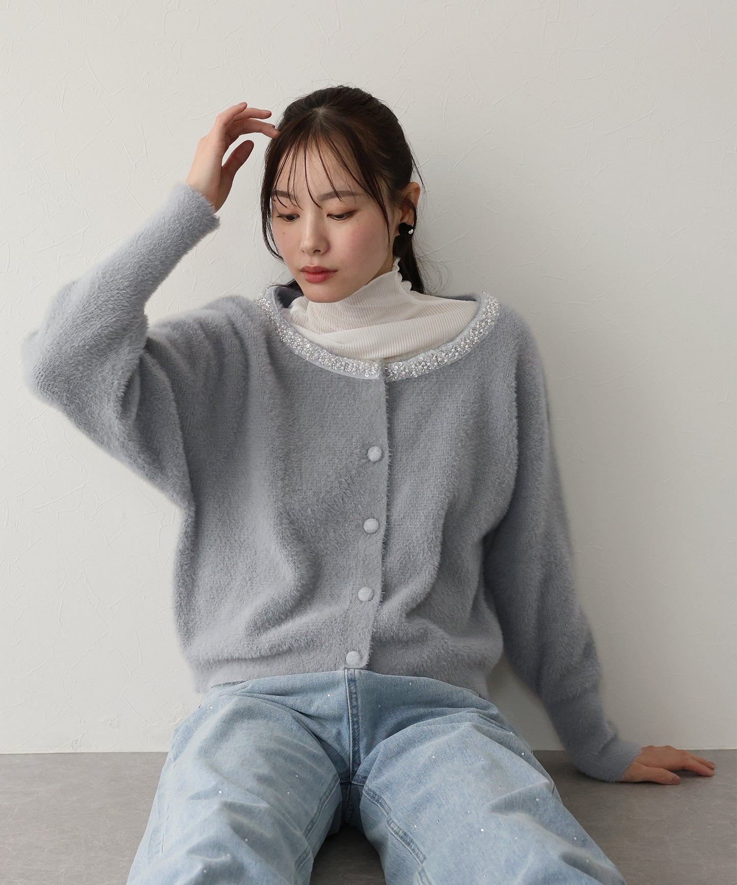 【SALE】ビジュー襟ニットカーディガン