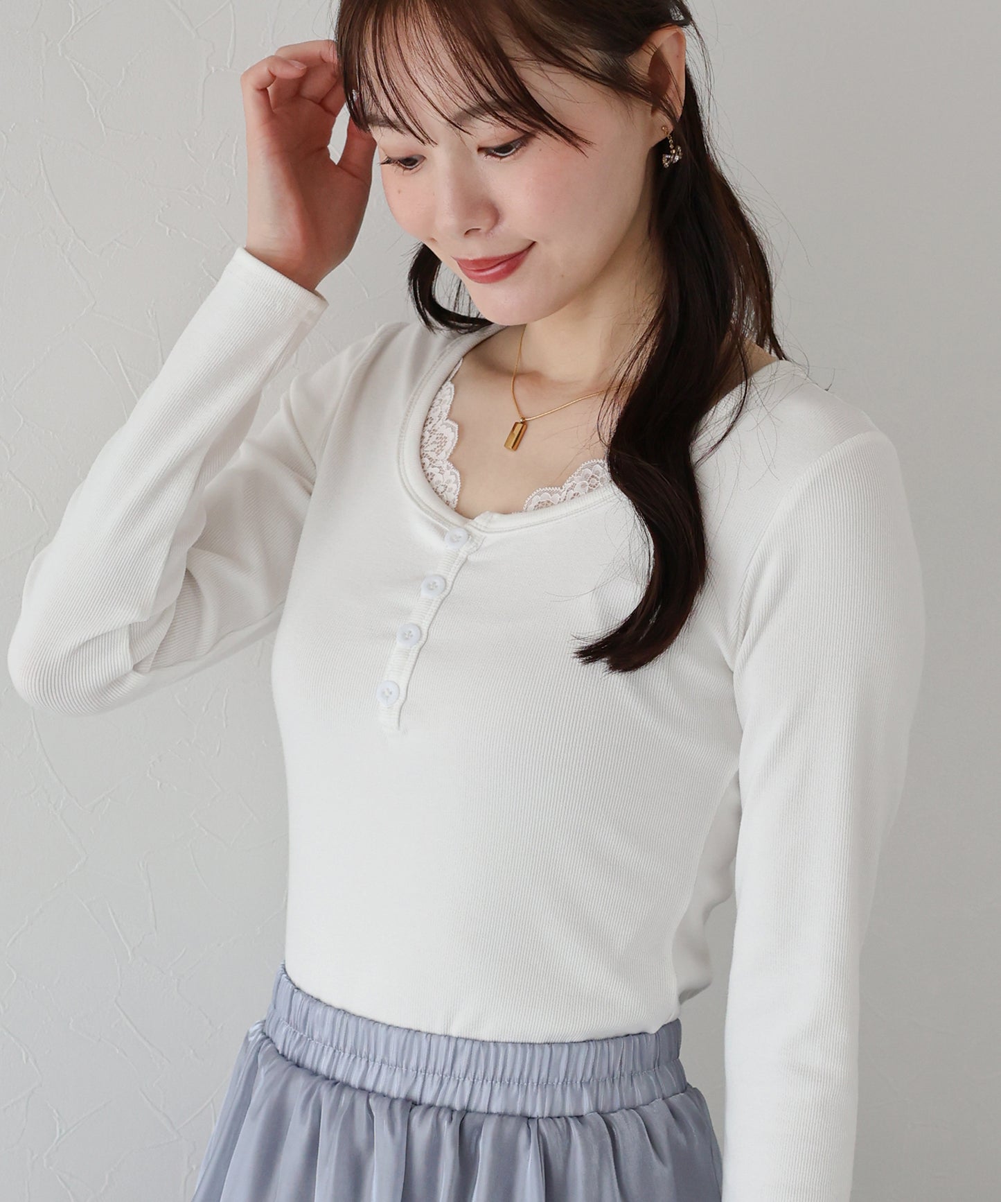 レース付ヘンリーネックカットソー【ネコポス】