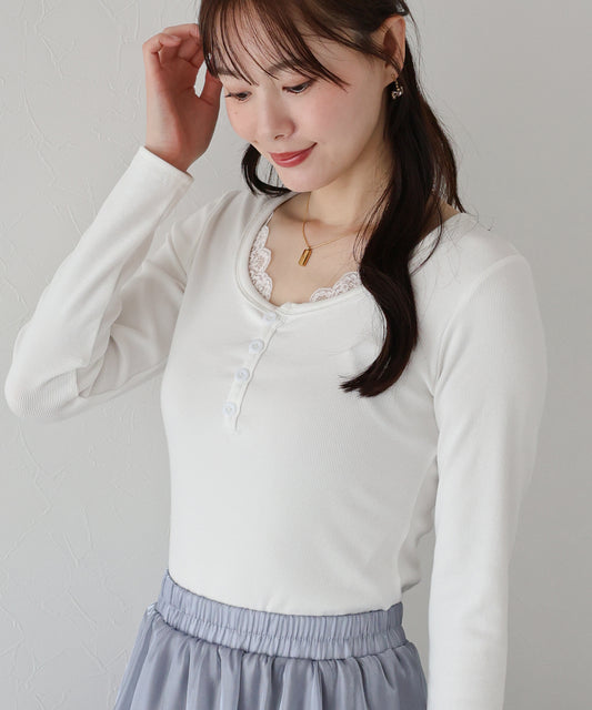 レース付ヘンリーネックカットソー【ネコポス】