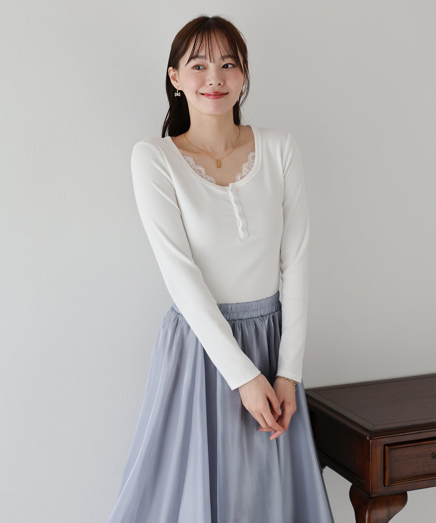 レース付ヘンリーネックカットソー【ネコポス】